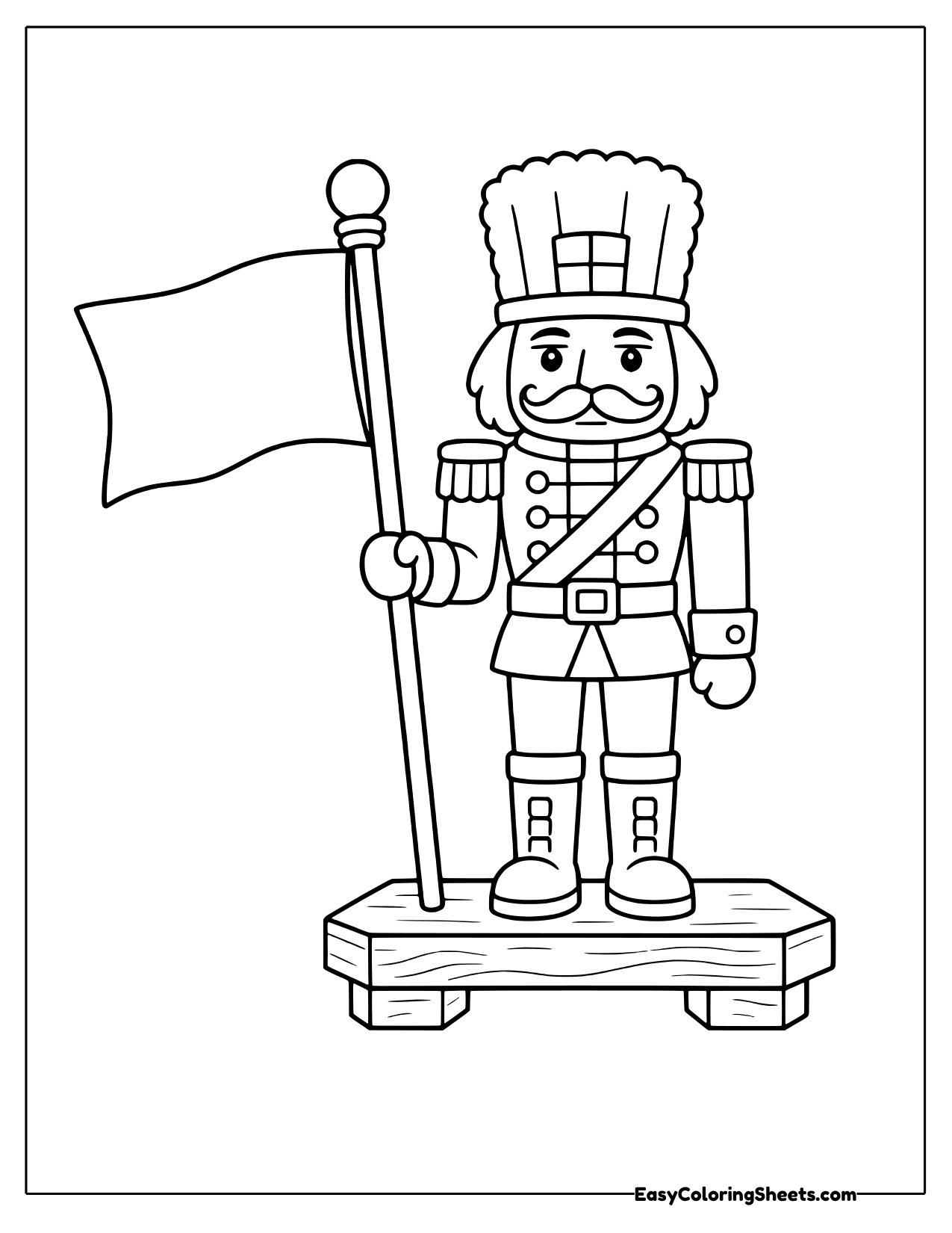 Nutcracker on a wooden stand holding a flag