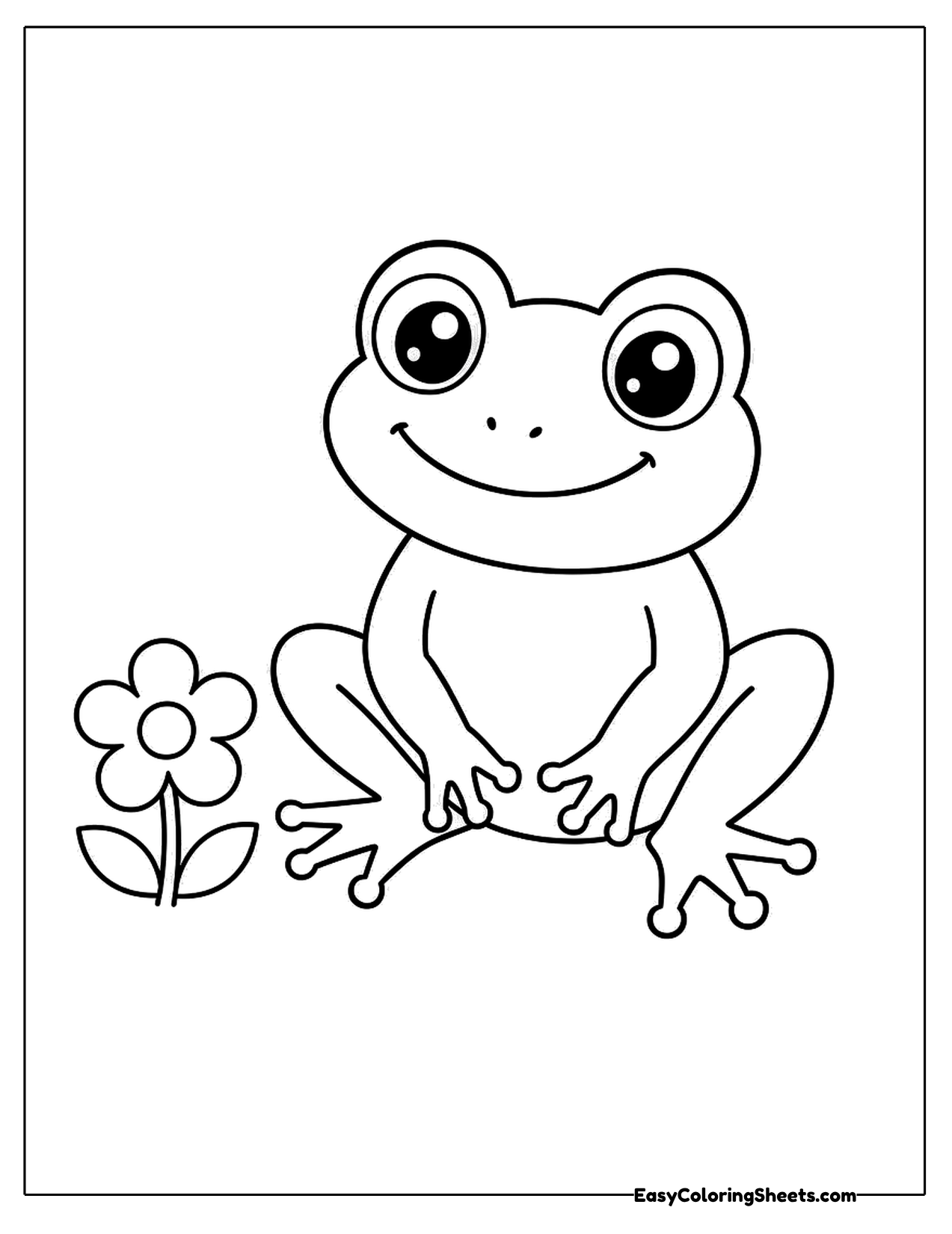 Large frog sitting beside a small daisy