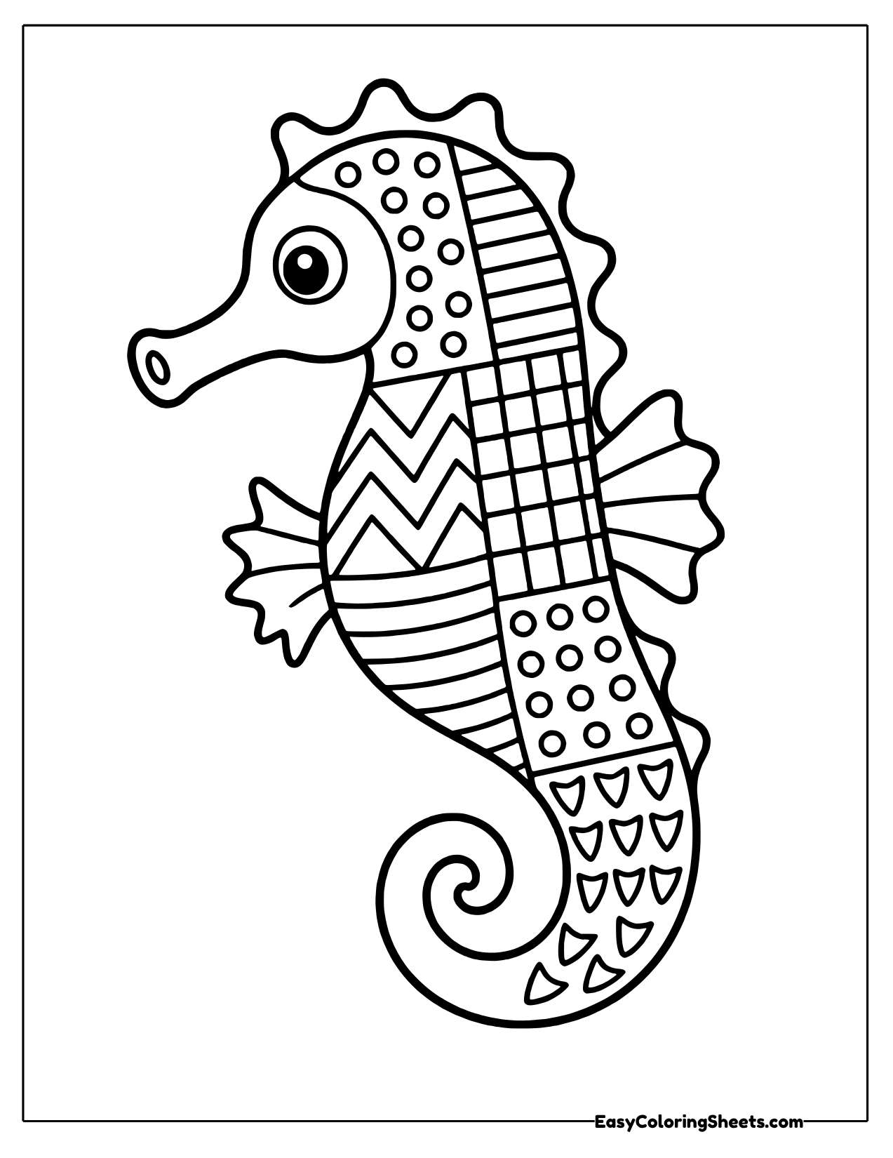 Curly seahorse divided into patchwork panels of zigzags, grids, dots and hearts