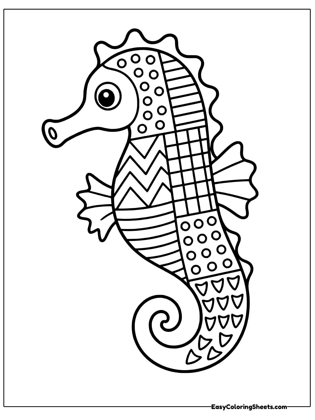 A curly seahorse with a spiral tail and frilly fins is divided into big patchwork panels.