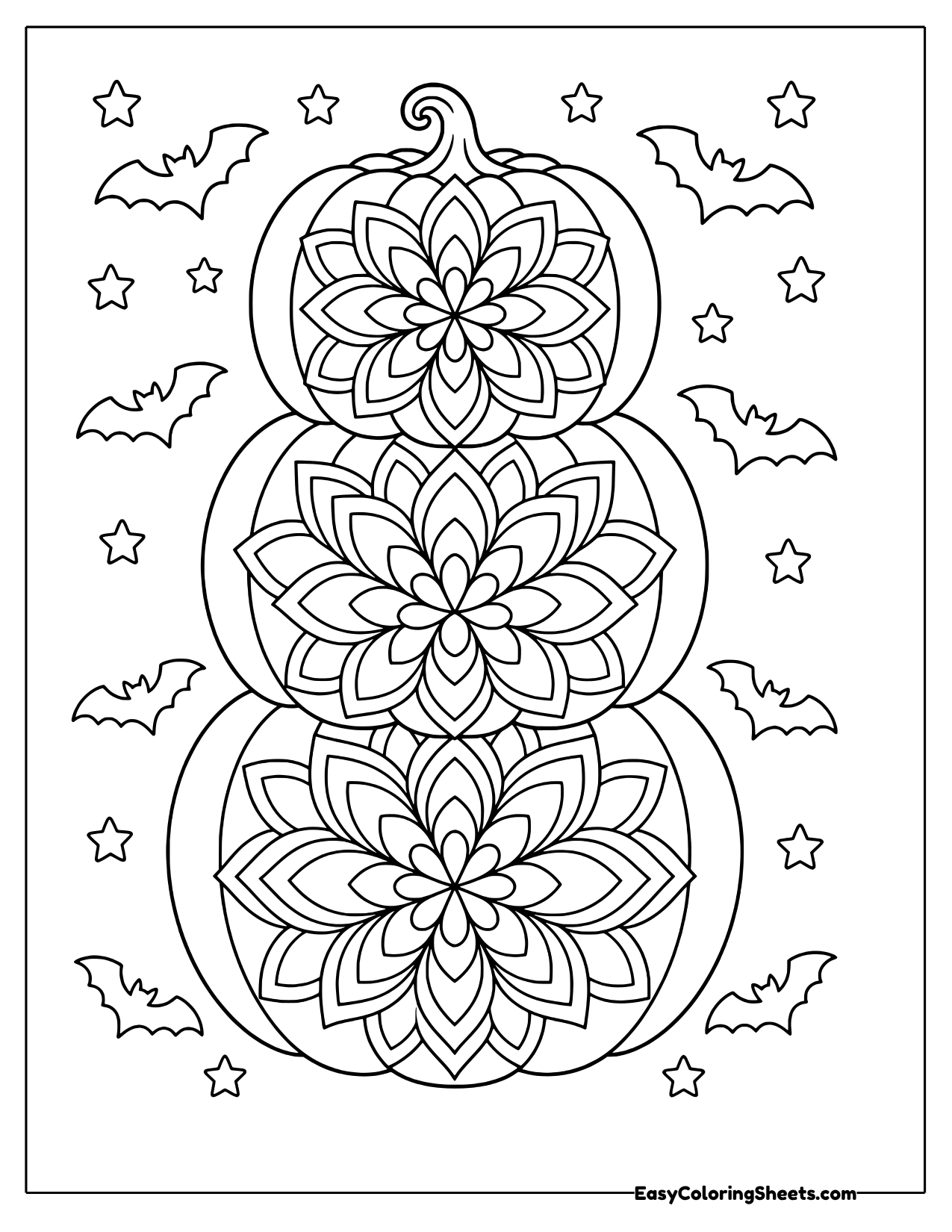 Tower of three stacked pumpkins each with a flower mandala, surrounded by bats and stars