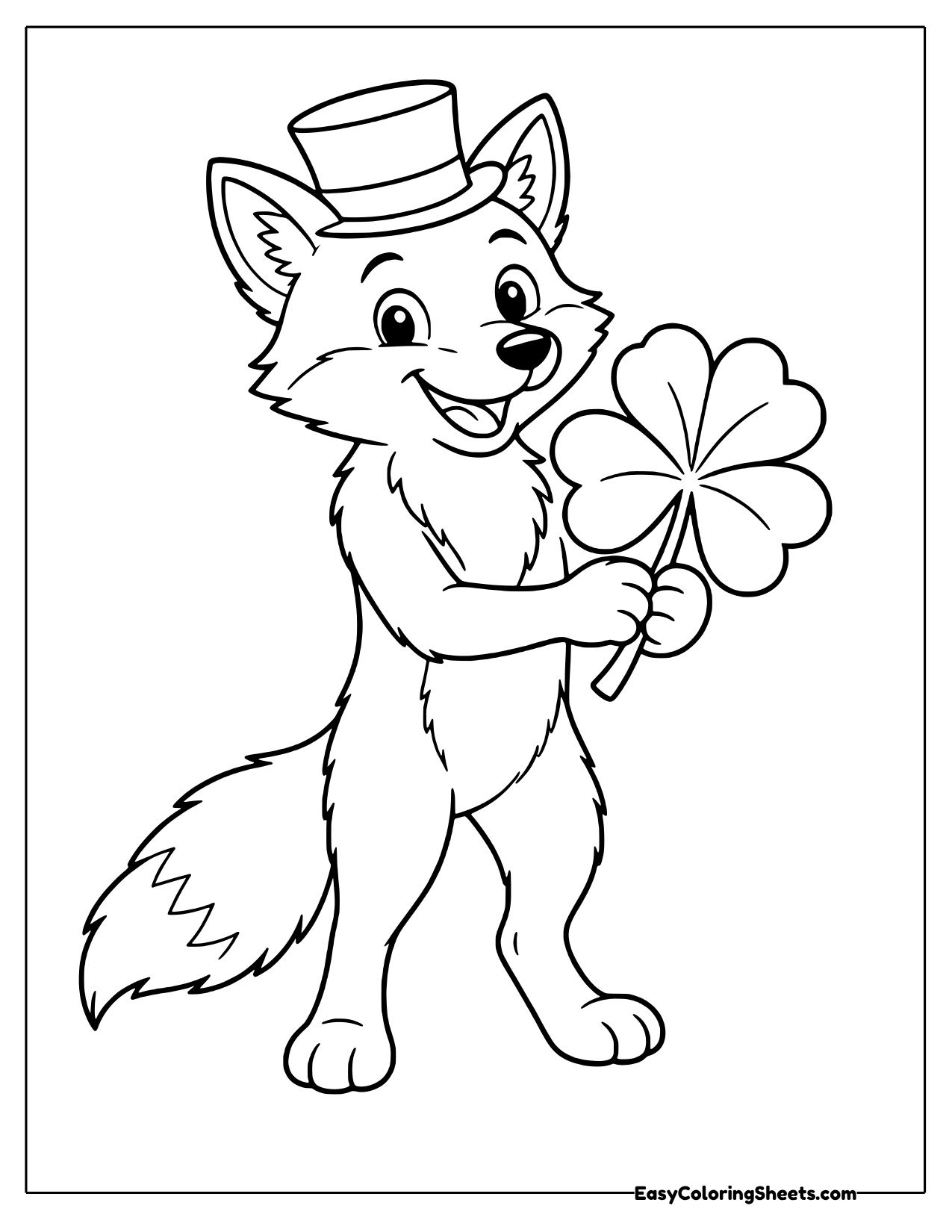 Upright fox in a small top hat carrying a four leaf clover