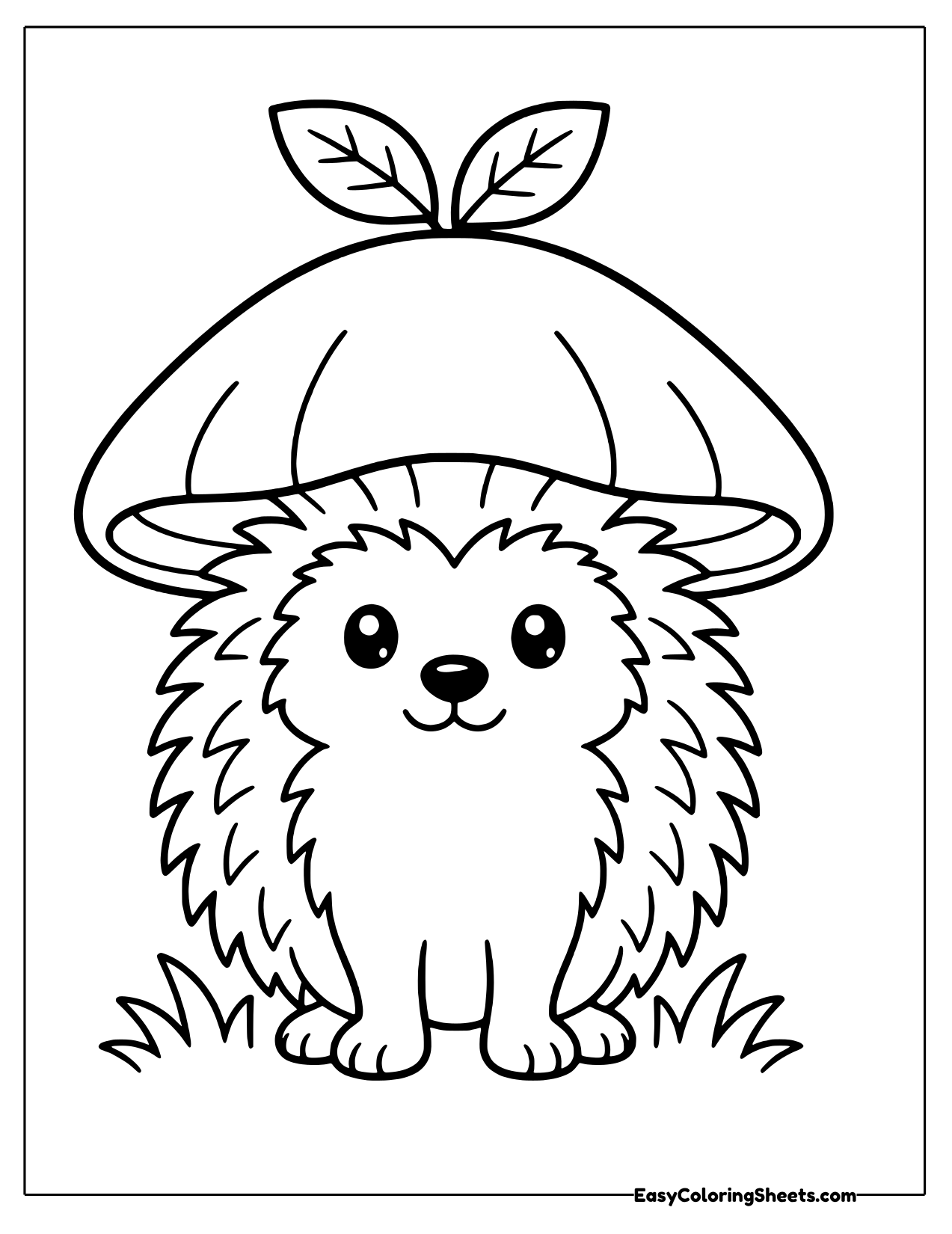 Hedgehog sheltering under a tall toadstool cap