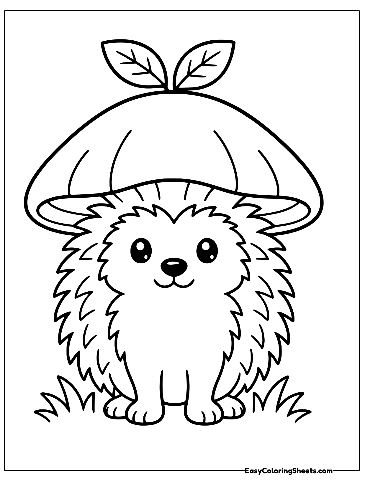 A hedgehog stands beneath a large toadstool cap like it is using an umbrella, with a leafy sprout on top of the mushroom.