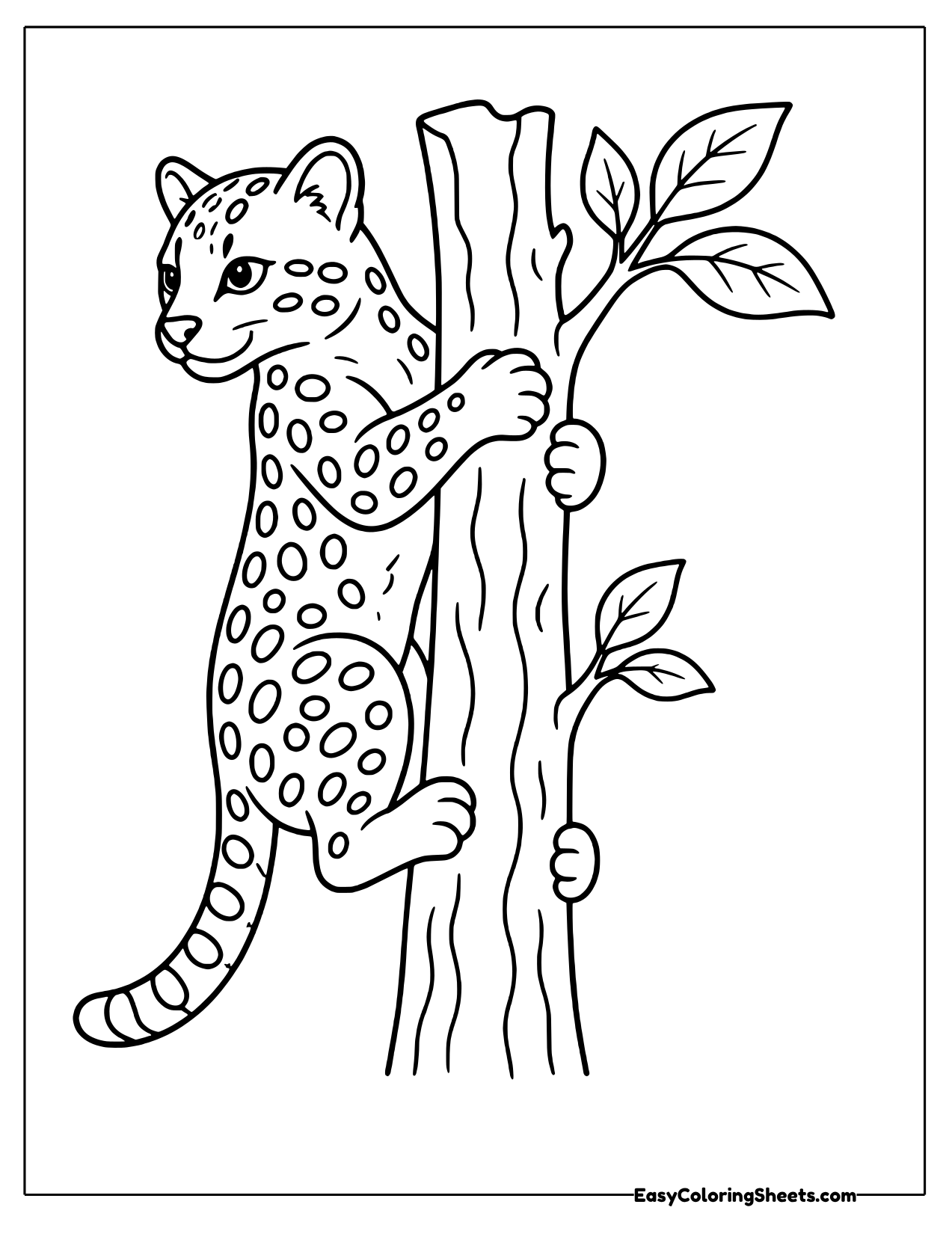 Ocelot climbing a leafy tree trunk