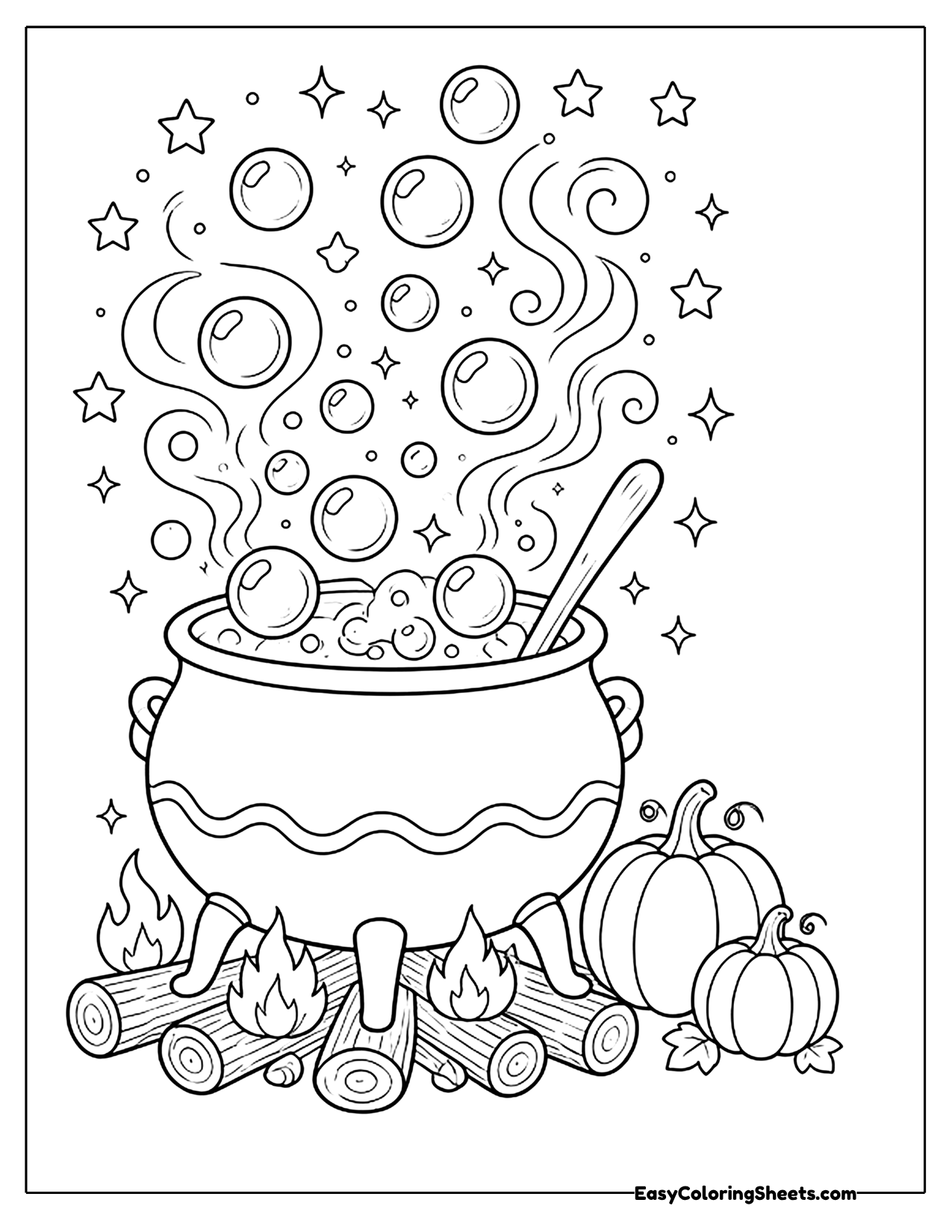 Witch cauldron bubbling over a log fire with rising bubbles, swirls and stars