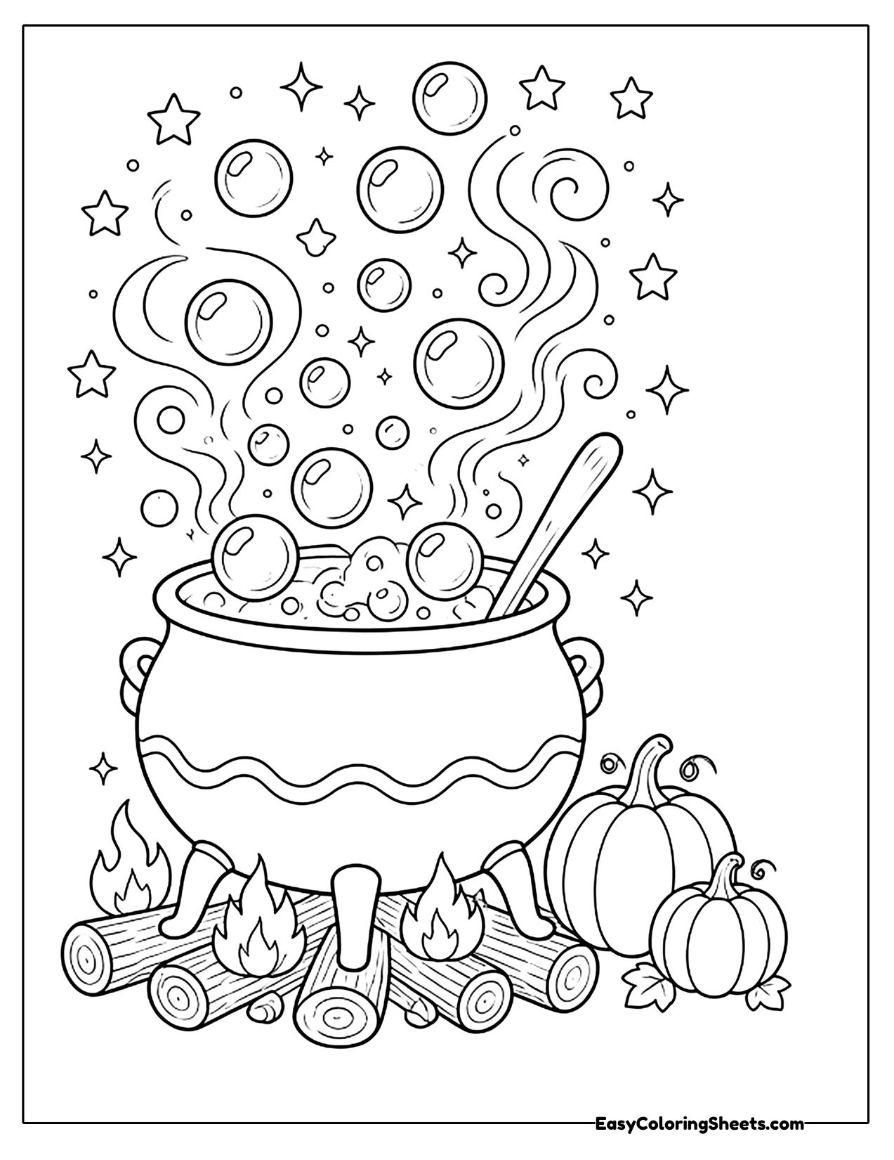 Witch cauldron bubbling over a log fire with rising bubbles, swirls and stars