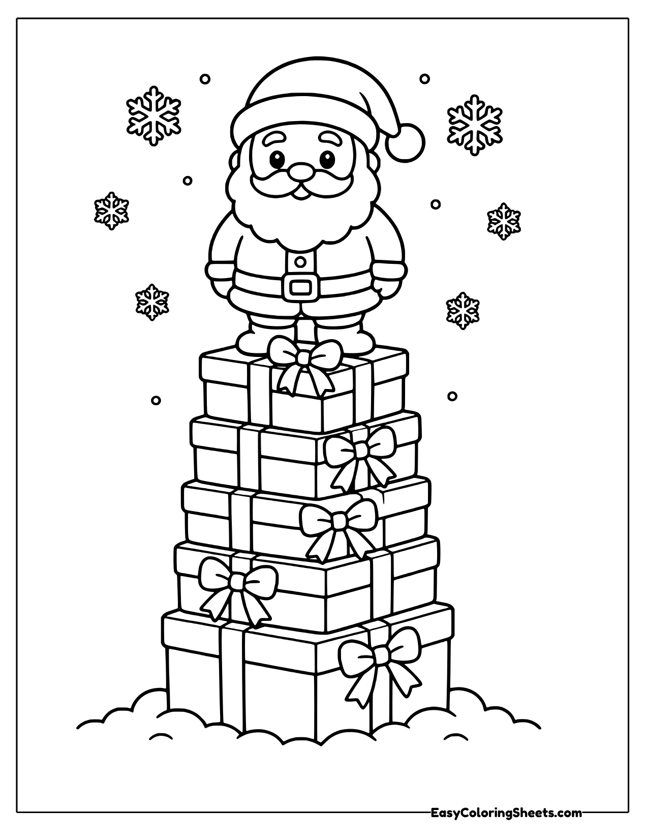 Santa standing atop a towering pile of wrapped presents