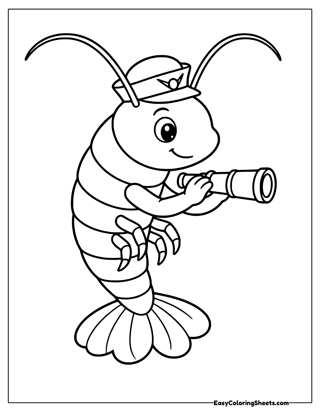 Cartoon shrimp sailor in a captain hat looking through a spyglass