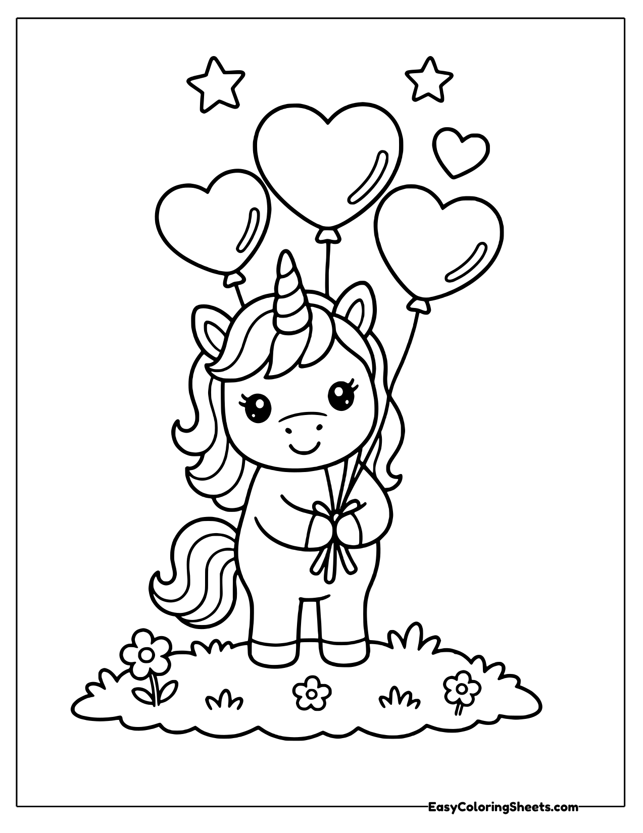 Unicorn holding a bouquet of heart balloons