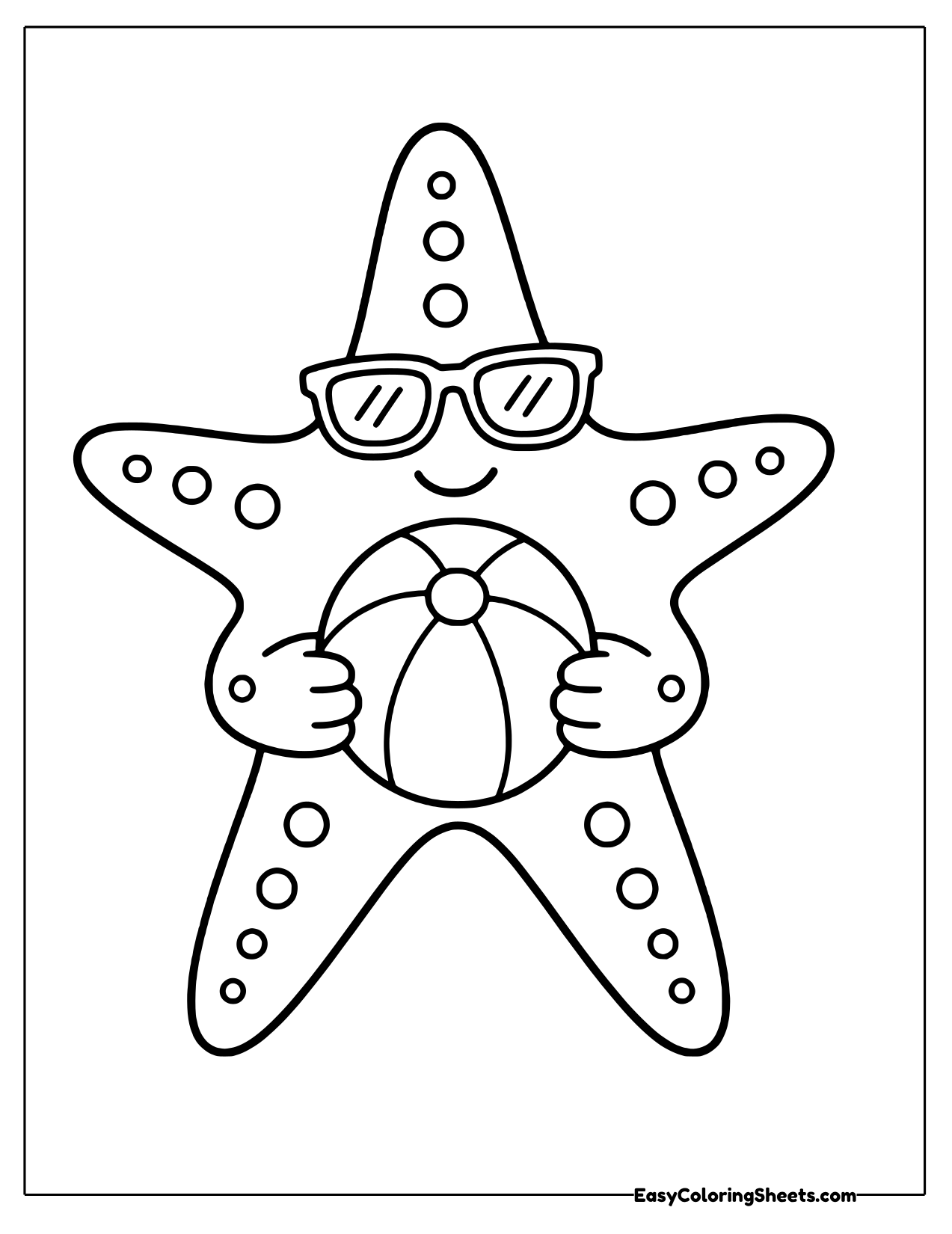 Bumpy starfish wearing sunglasses and hugging a striped beach ball