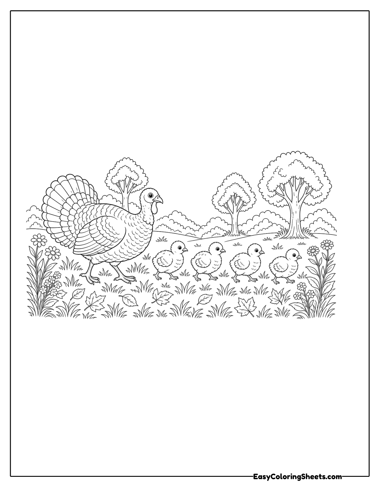 Turkey hen leading a line of poults through a meadow with trees