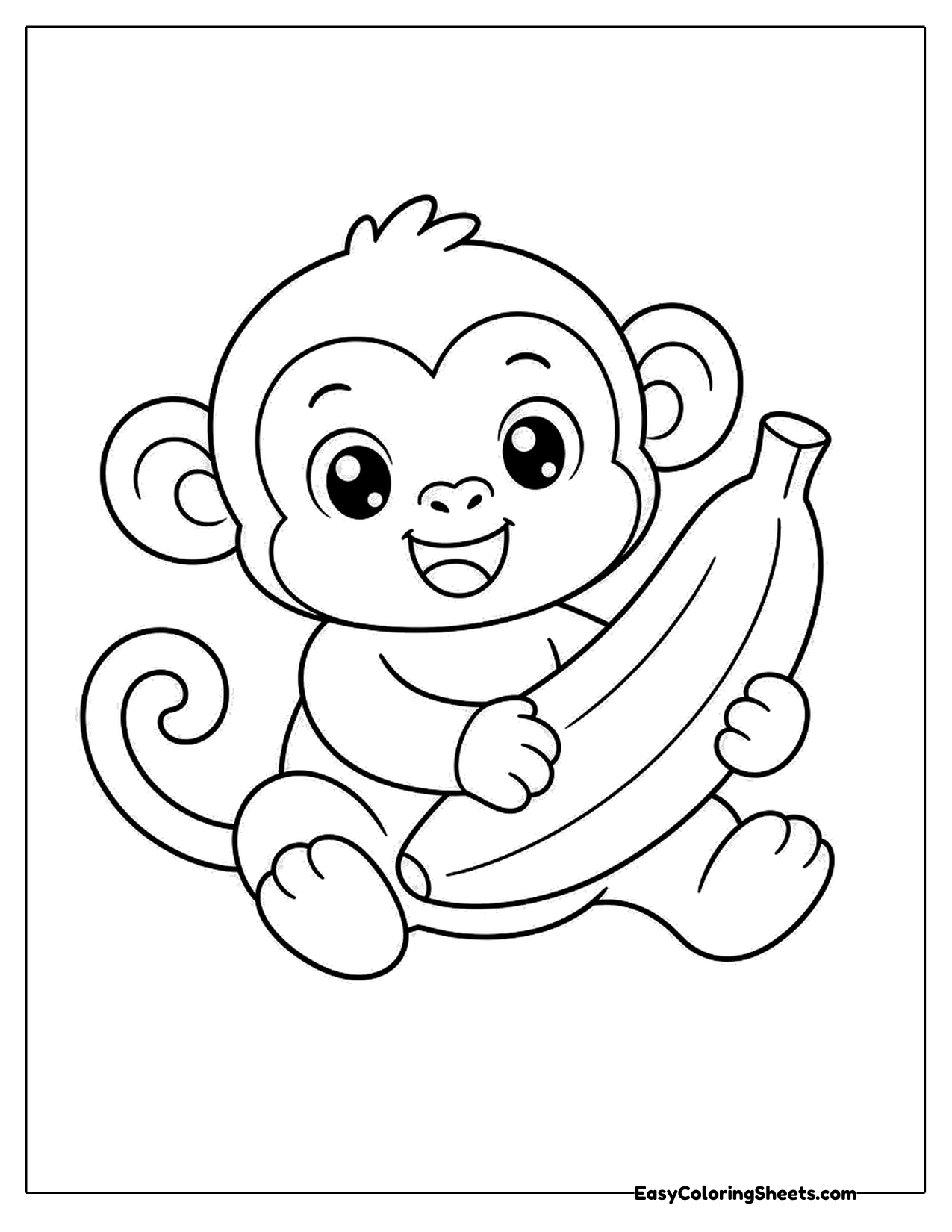 Smiling monkey hugging a bunch of bananas