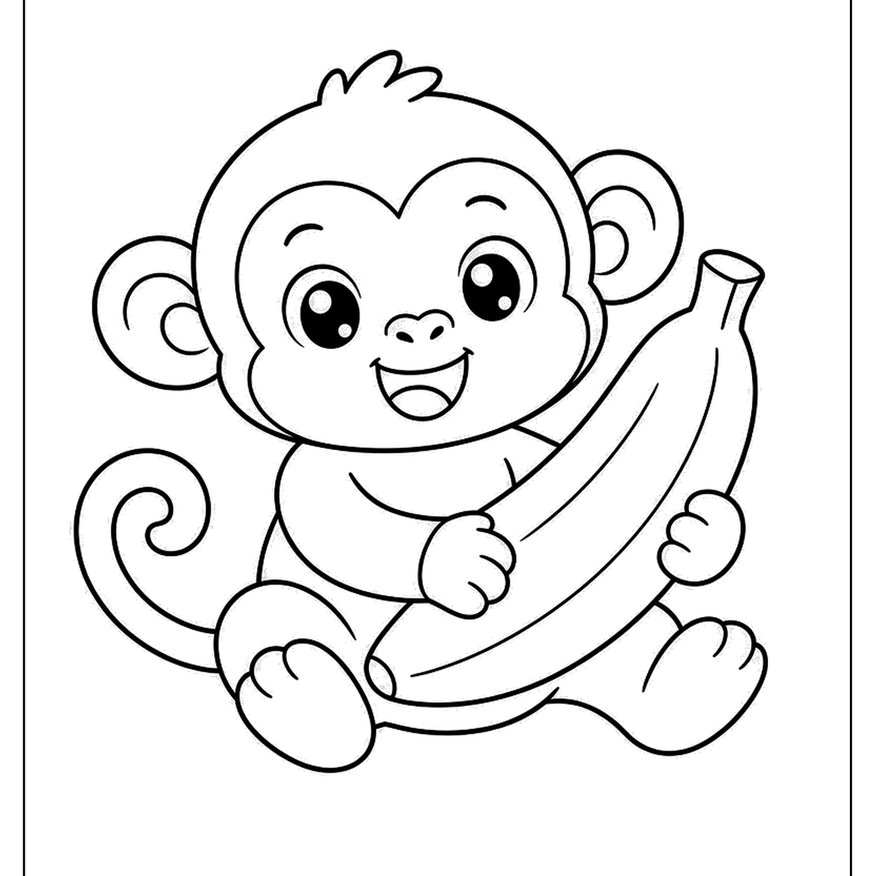 Smiling monkey hugging a bunch of bananas