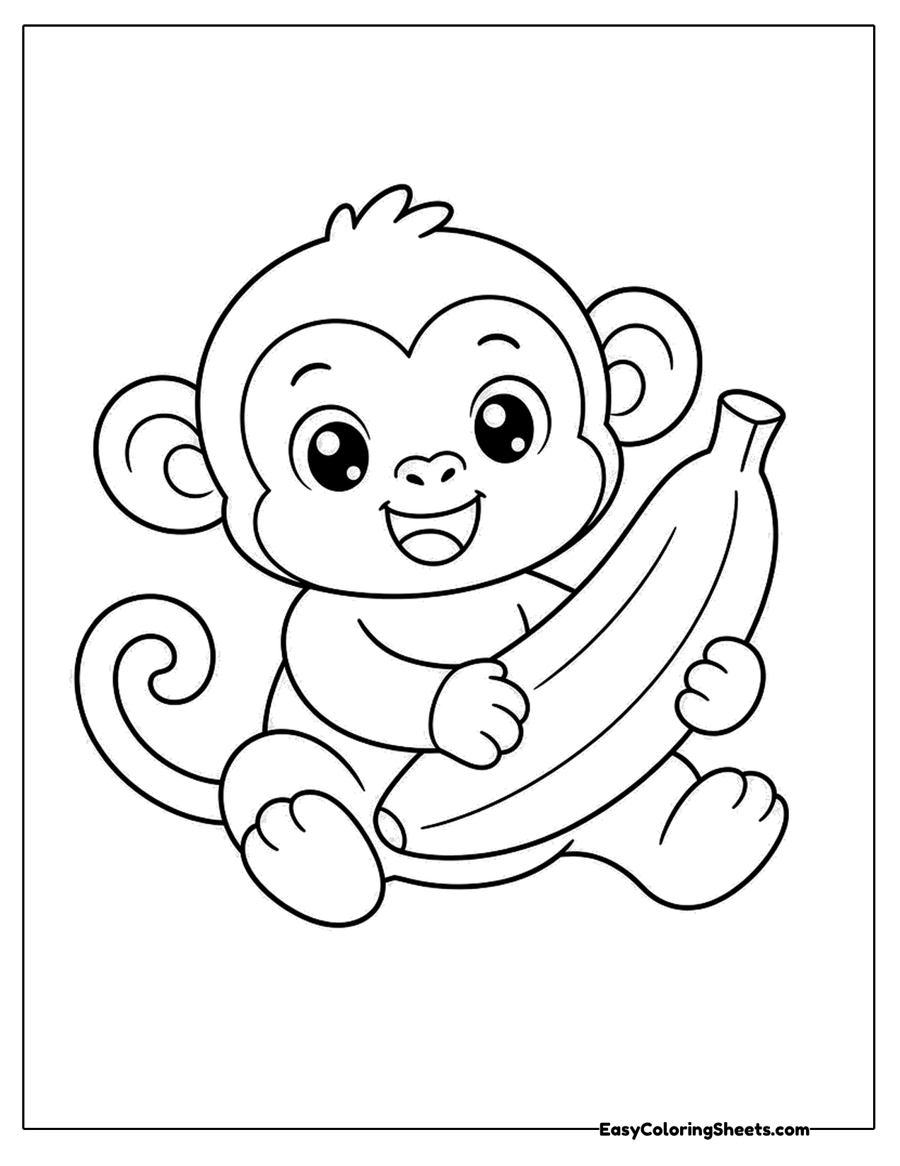 Smiling monkey hugging a bunch of bananas