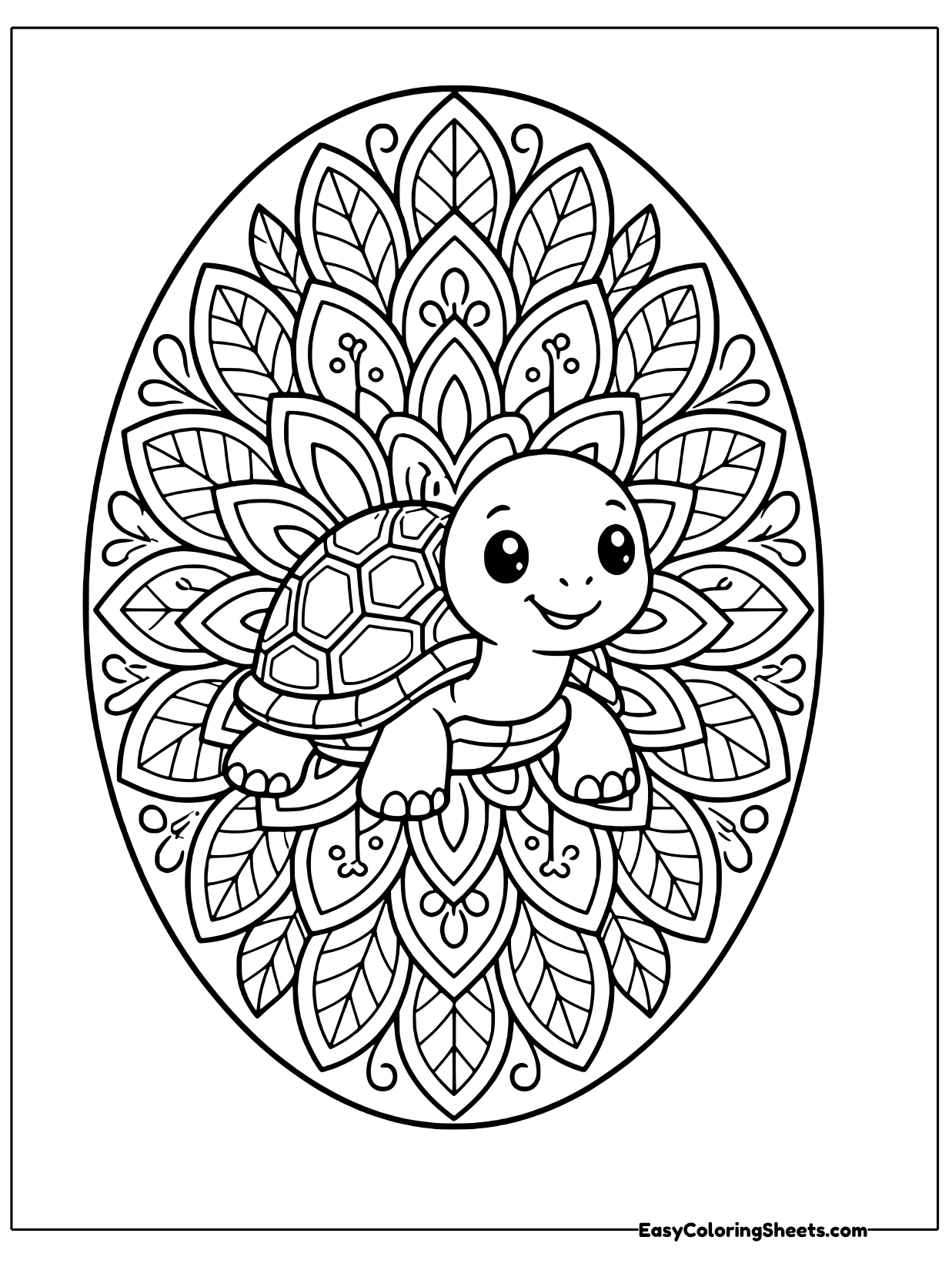 A smiling turtle with a patterned shell sits at the center of an oval mandala of leafy petals.