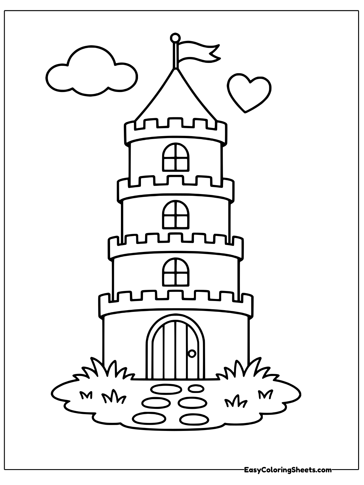 A chunky toy style tower climbs up in four tiers, each with its own windows, ending in a pointed roof and flag.