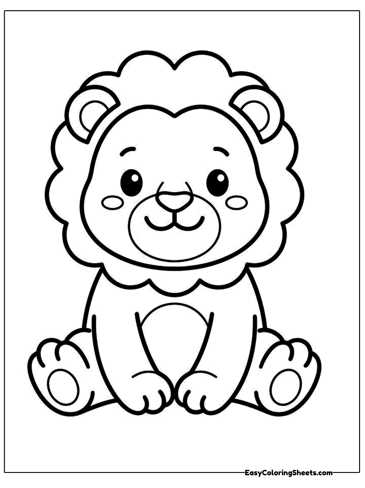 A plump lion sits facing forward with its paws together, wearing a wide scalloped mane around a smiling face.