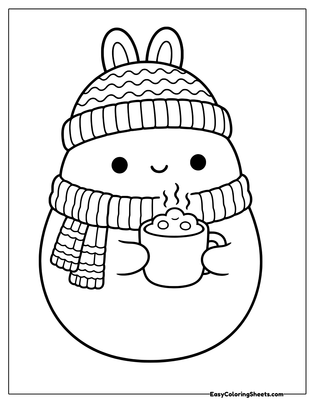 Molang wearing a knit beanie and scarf and holding a mug of hot cocoa