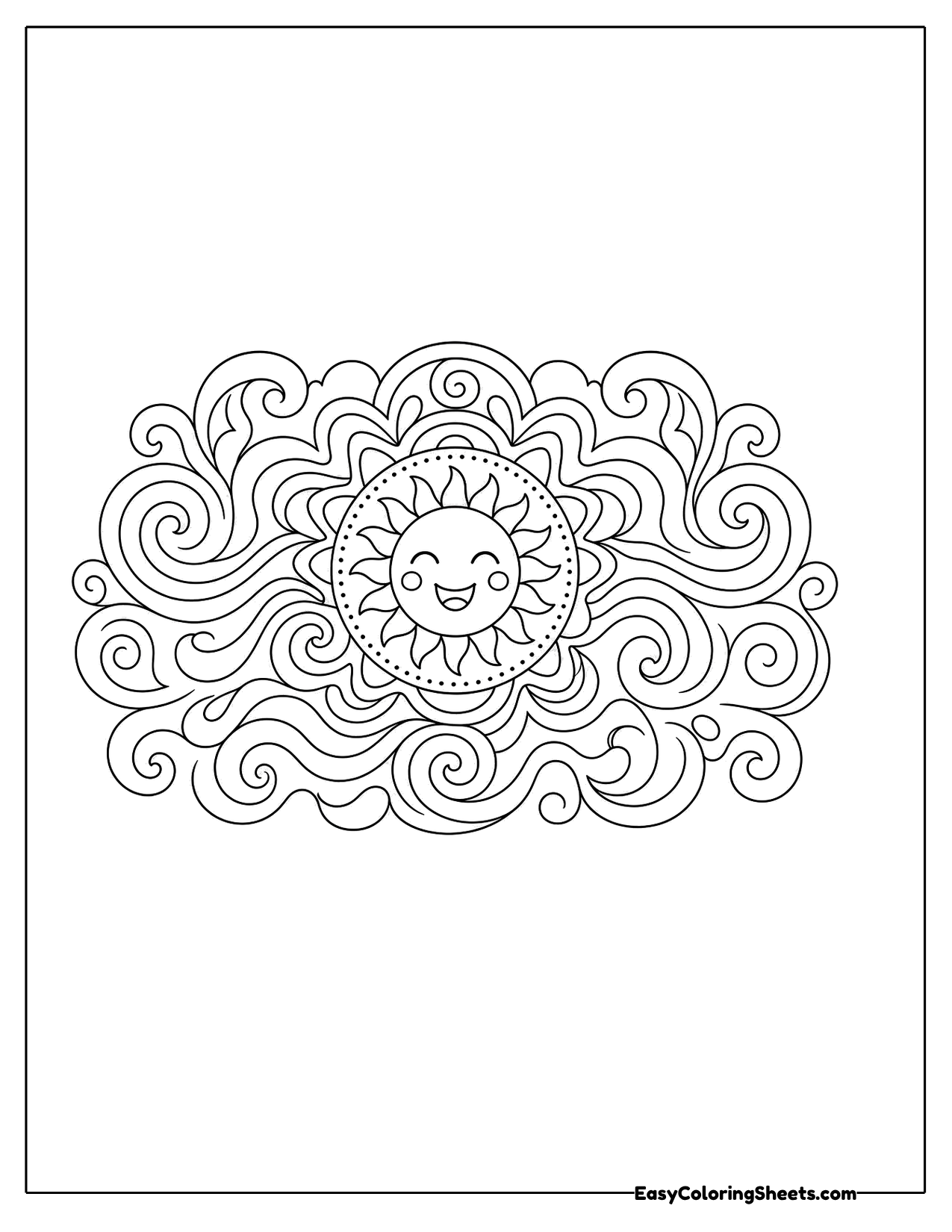 Swirling pattern with a sun face in the center