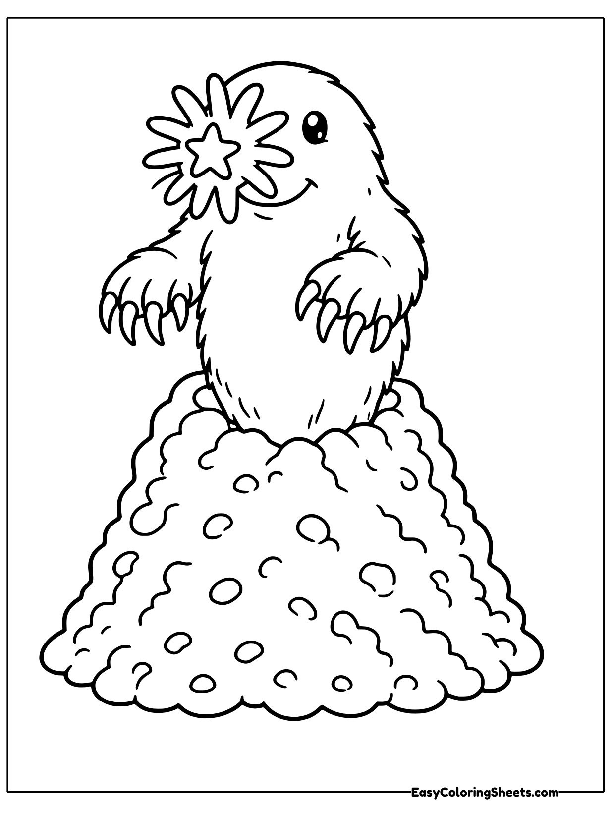 A star-nosed mole stands on a dirt mound and shows off the ring of fleshy tentacles on its snout.
