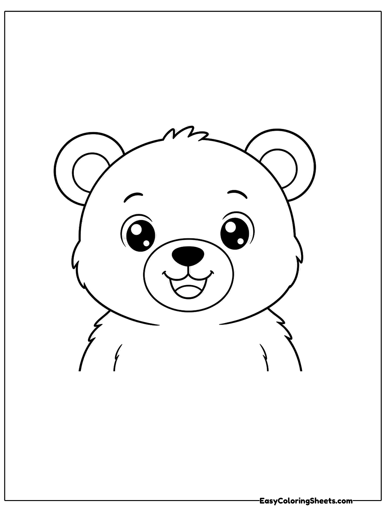 A big close-up of a smiling bear face with round ears and a fluffy chest fills the page.