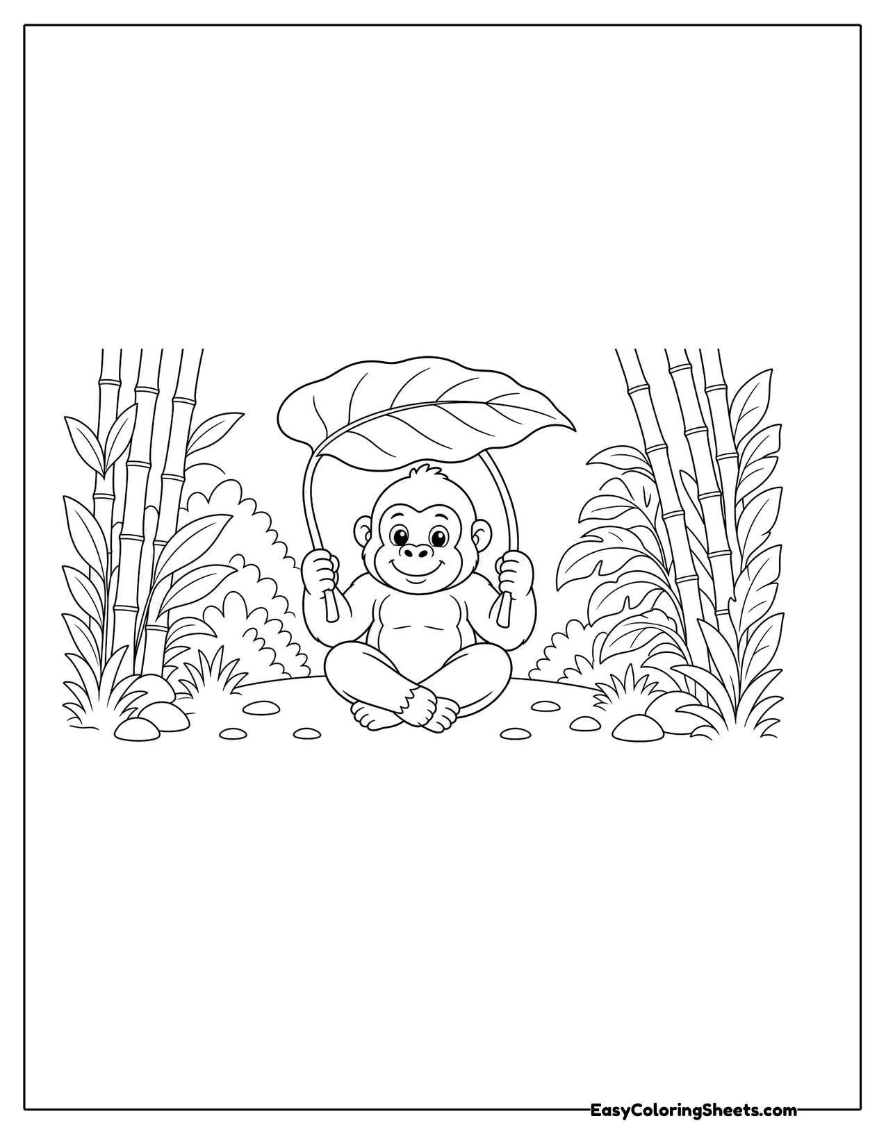 Gorilla sitting under a giant leaf umbrella