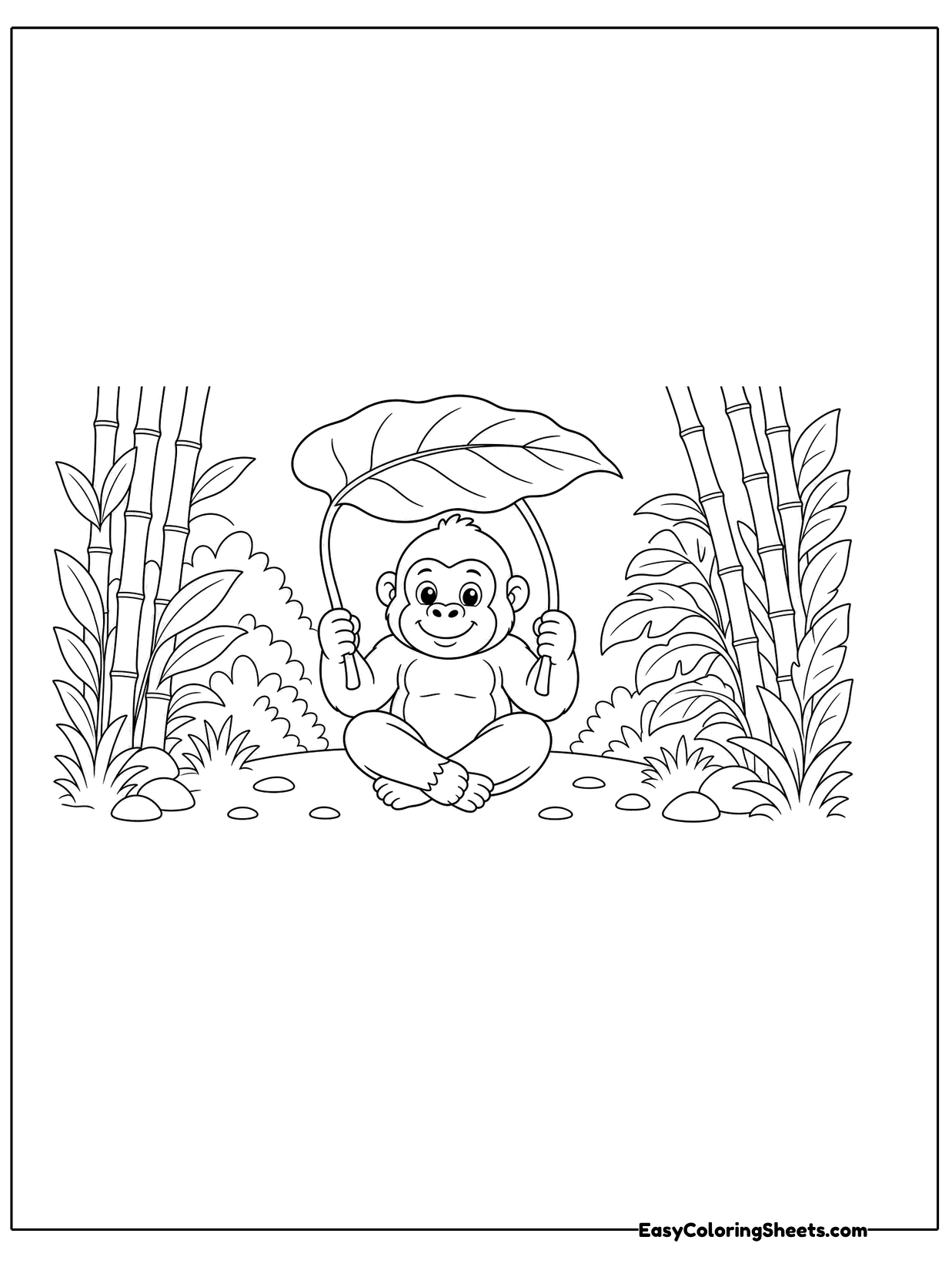 A young gorilla sits holding a big leaf over its head like an umbrella, with tall bamboo stalks on each side.