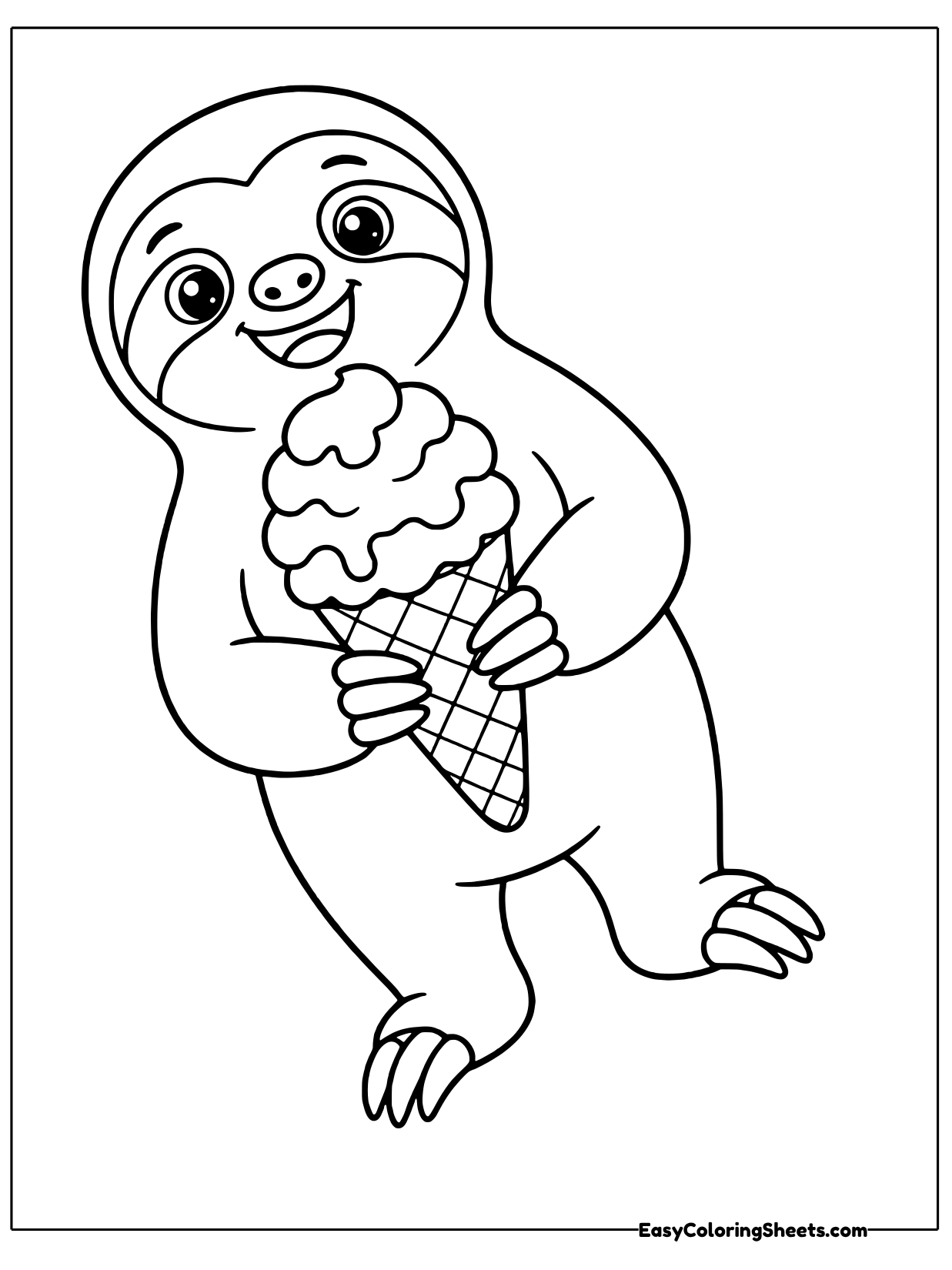 A grinning sloth holds a waffle cone topped with a swirled scoop of ice cream.
