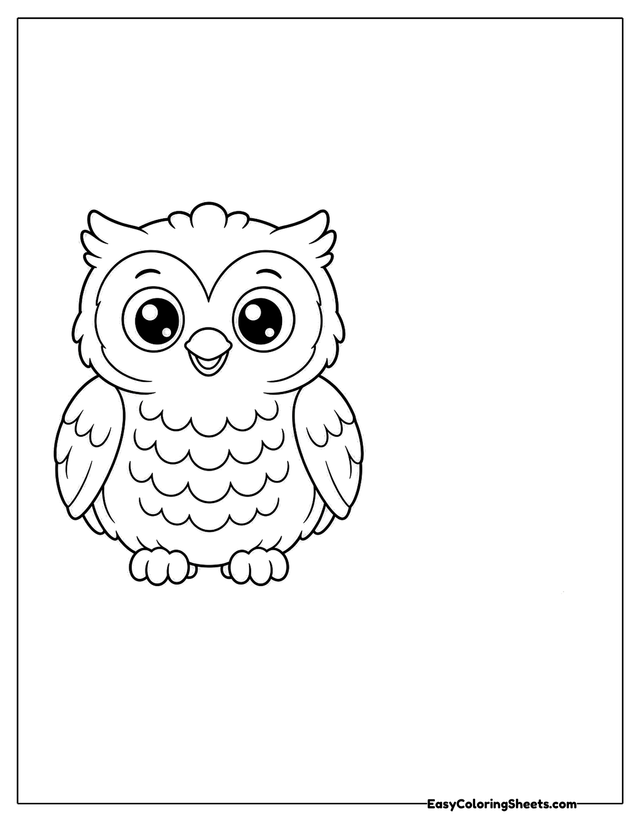 A simple owl sits with its wings folded and big eyes looking forward.