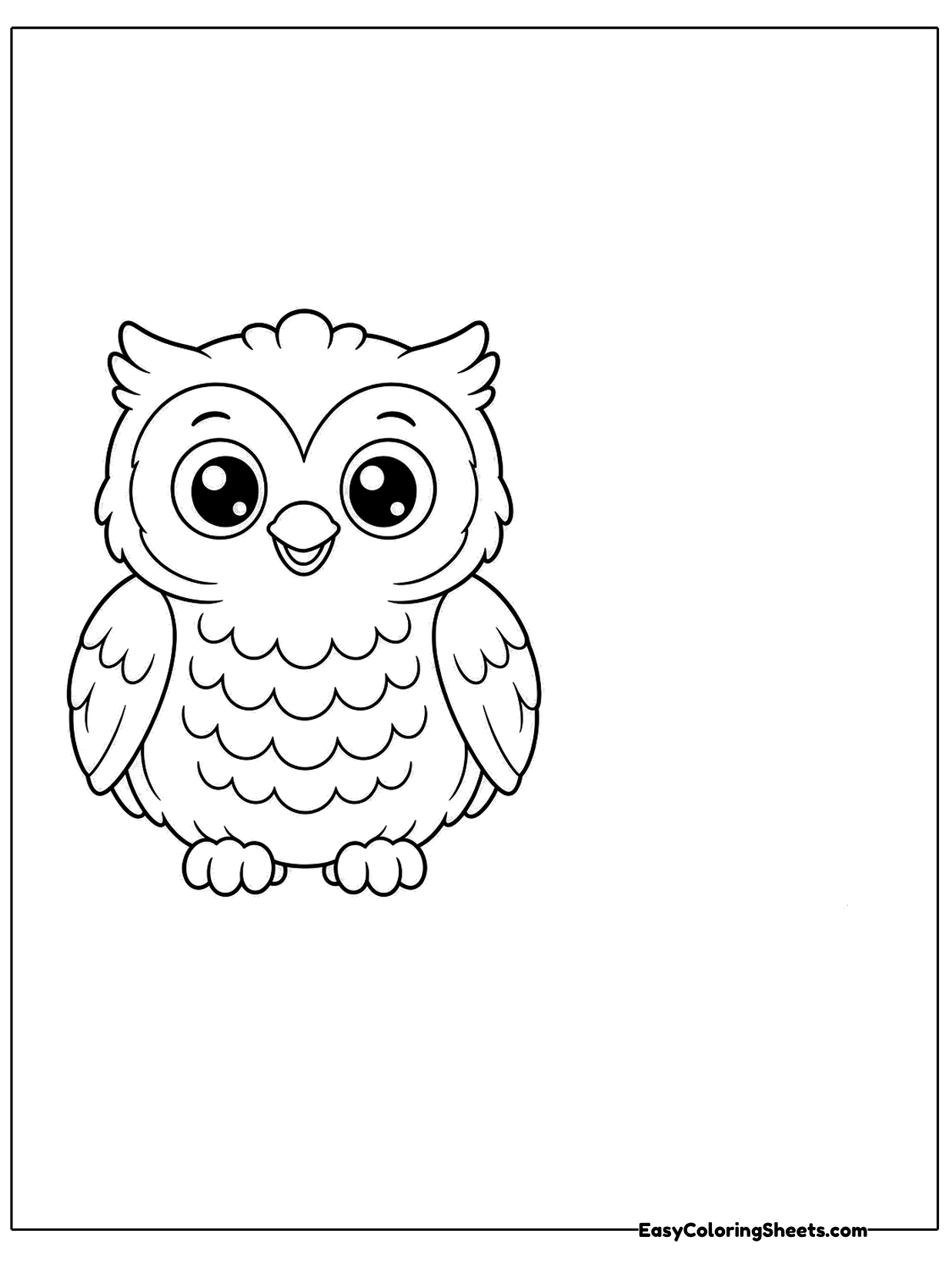 A simple owl sits with its wings folded and big eyes looking forward.