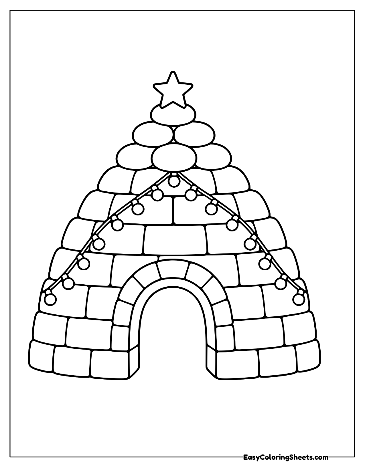 Igloo with a snowball tower and string lights