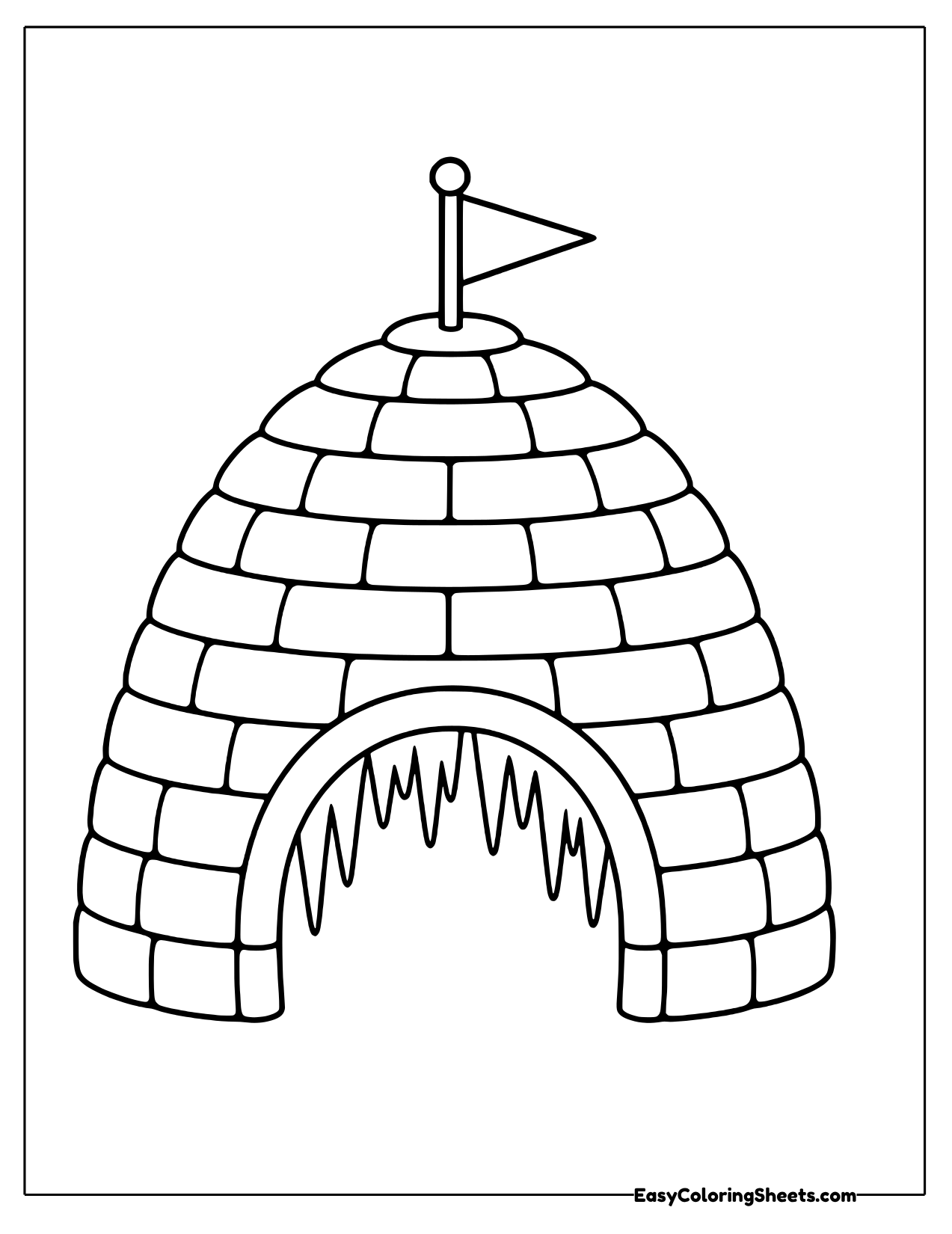 Igloo with icicles over the door and a pennant