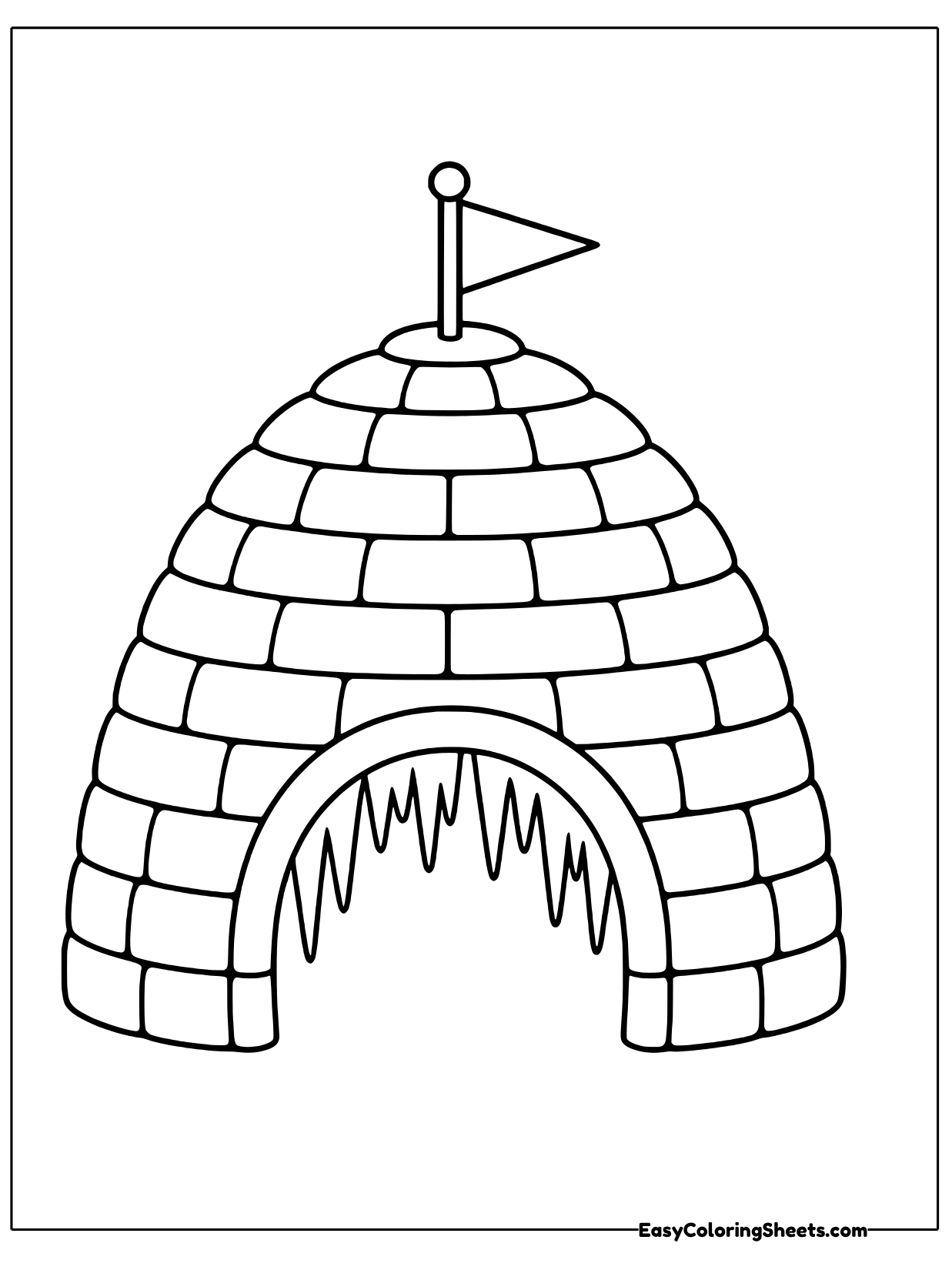 Icicles hang over the arched doorway of this snow block igloo, and a small pennant flag flies from the top.