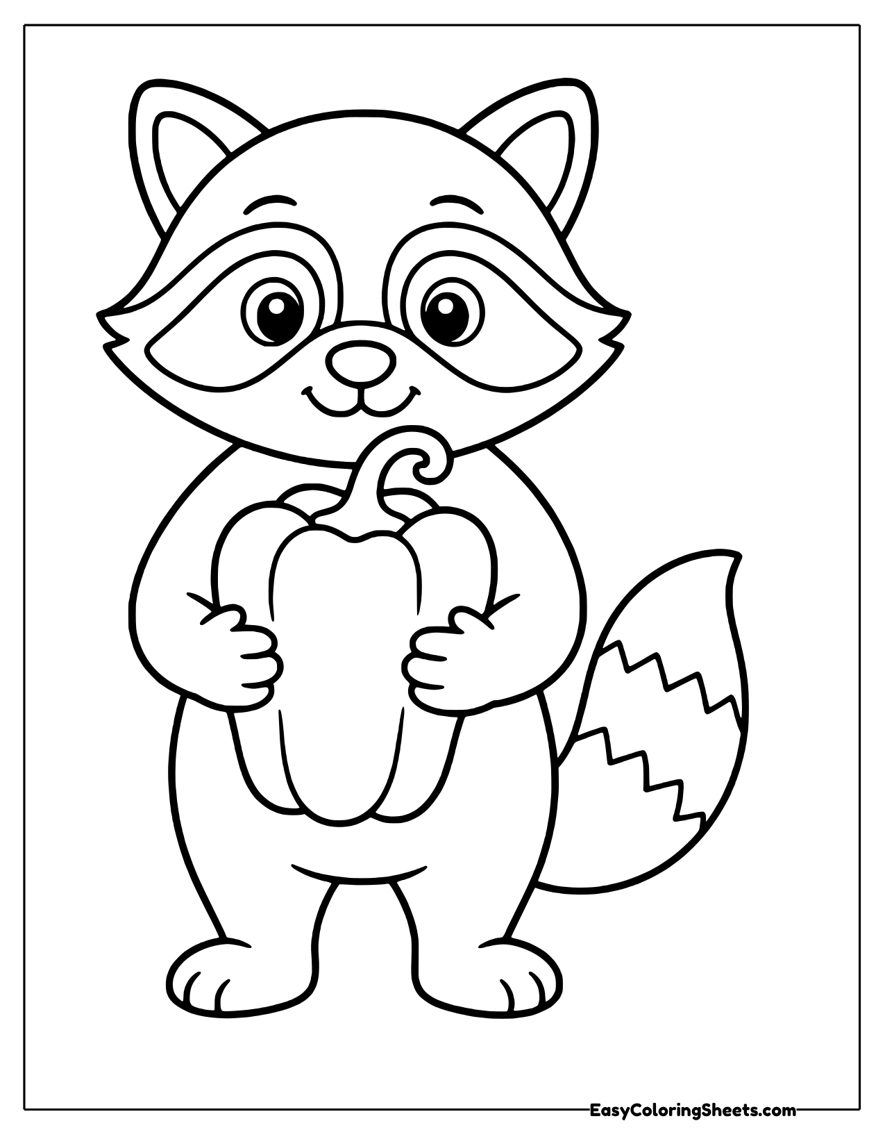 Raccoon with an outlined mask holding a plump bell pepper