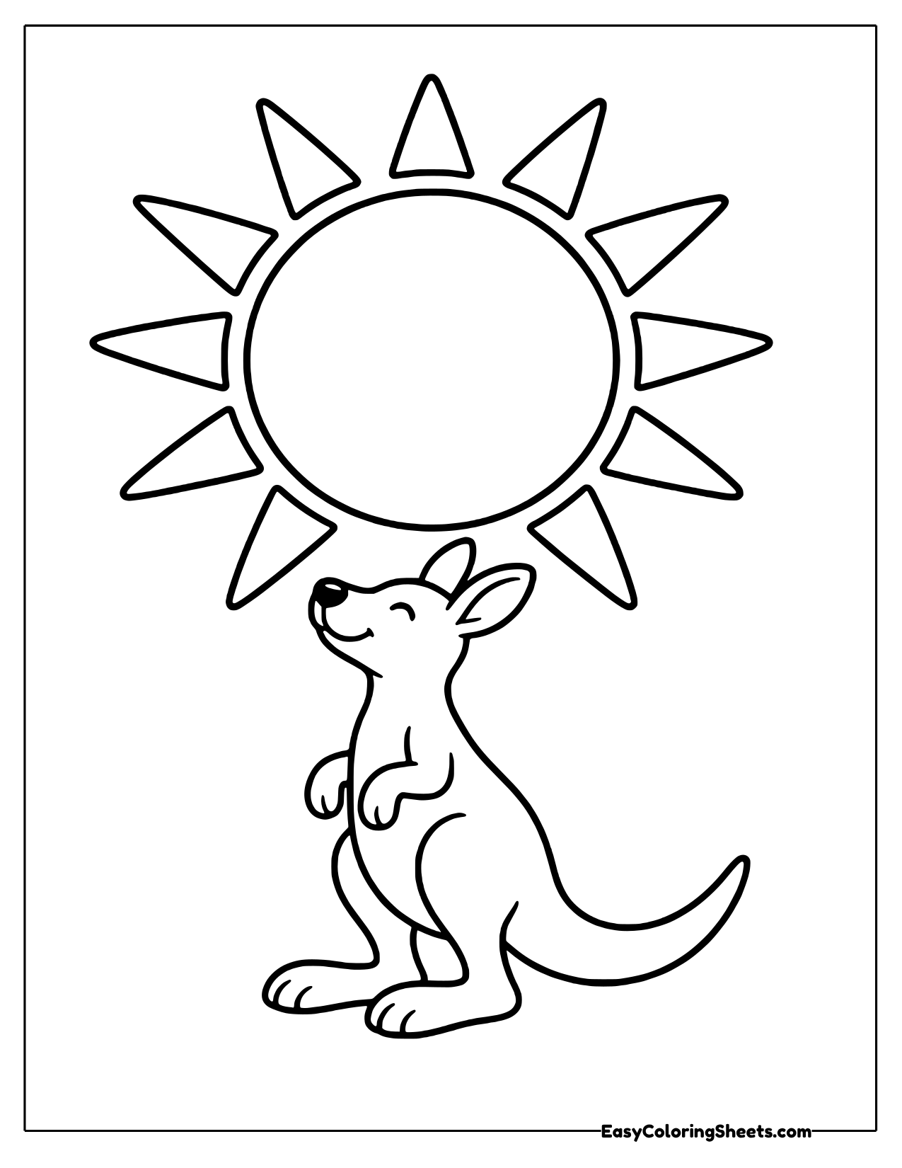 Big bright sun with pointed rays above a small standing kangaroo