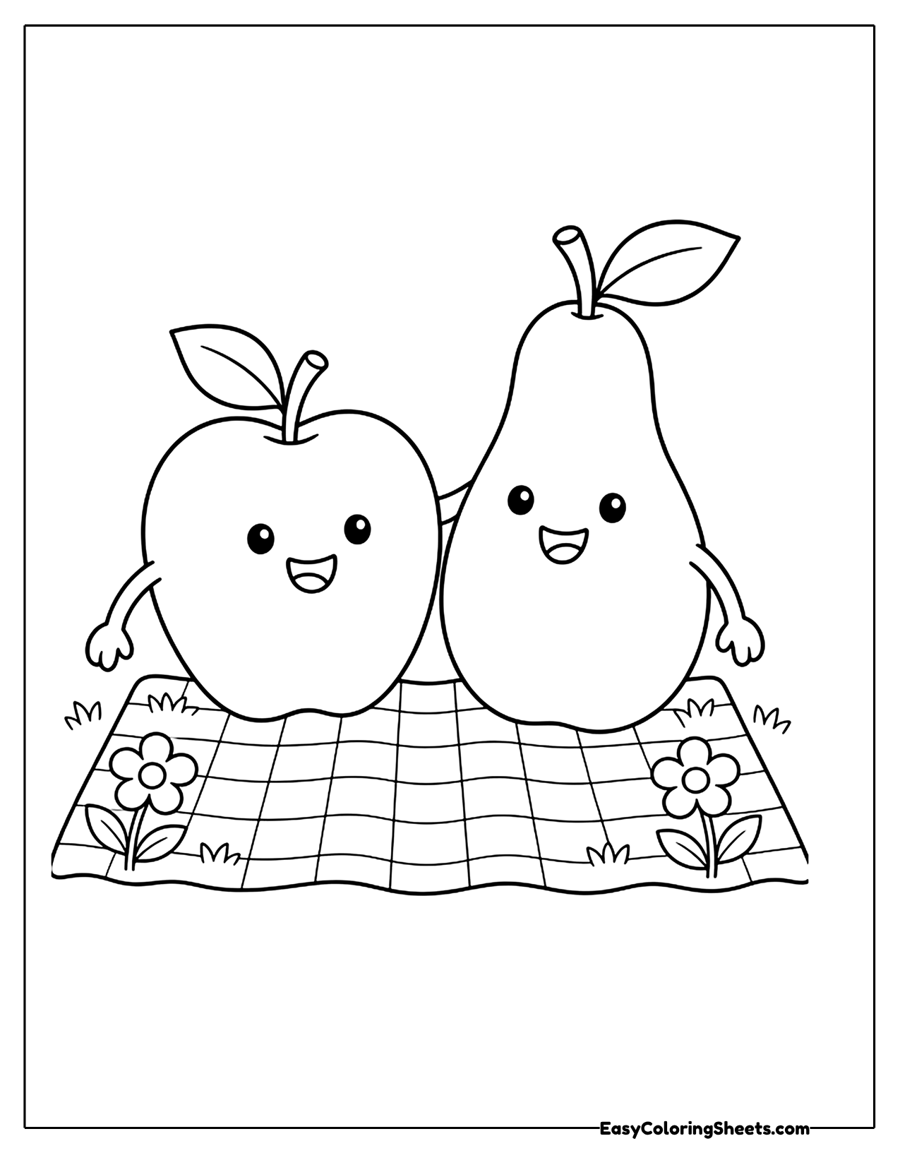 Smiling apple and pear on a picnic blanket