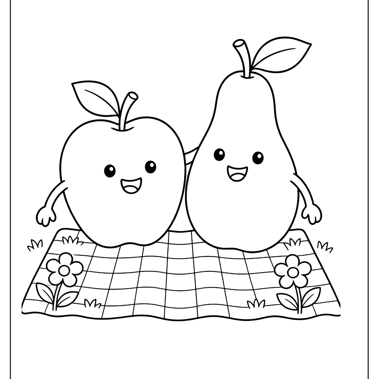 Smiling apple and pear on a picnic blanket