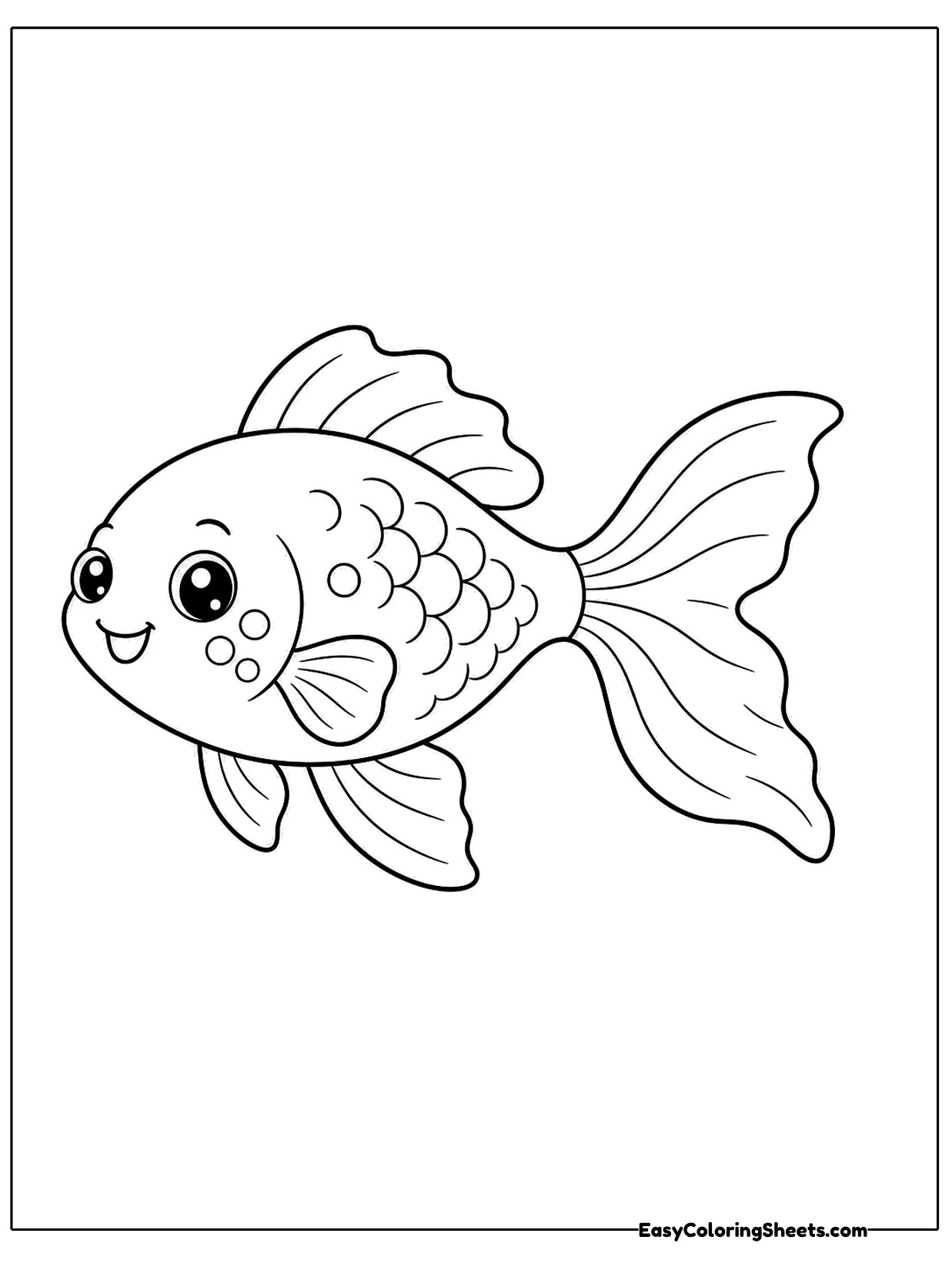A cheerful goldfish swims sideways with large eyes, a scaly body and a wide, flowing tail.