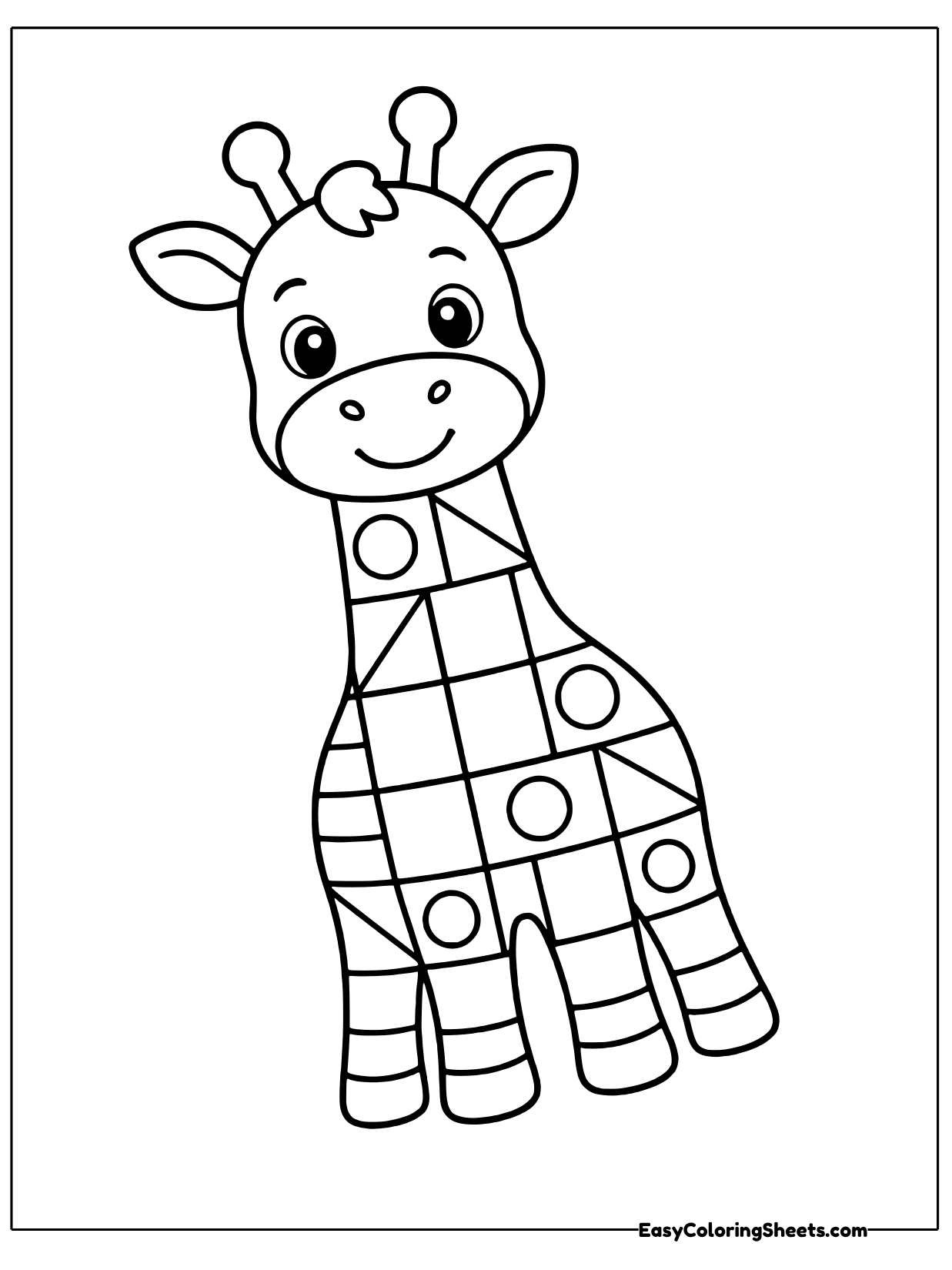 A happy baby giraffe with little horns and a tuft of hair has a long neck and body made of big geometric blocks.