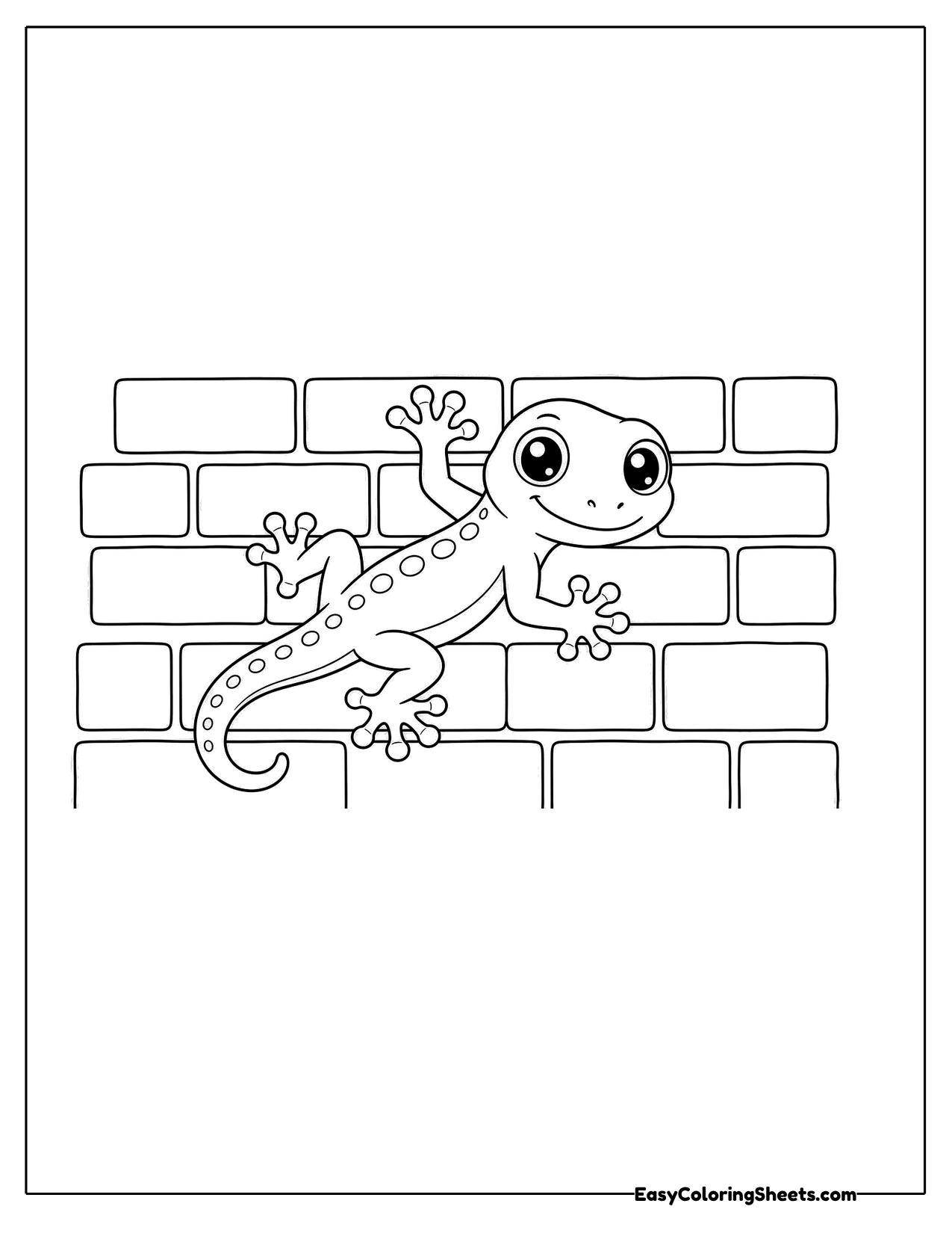 Gecko climbing a brick wall with a smile