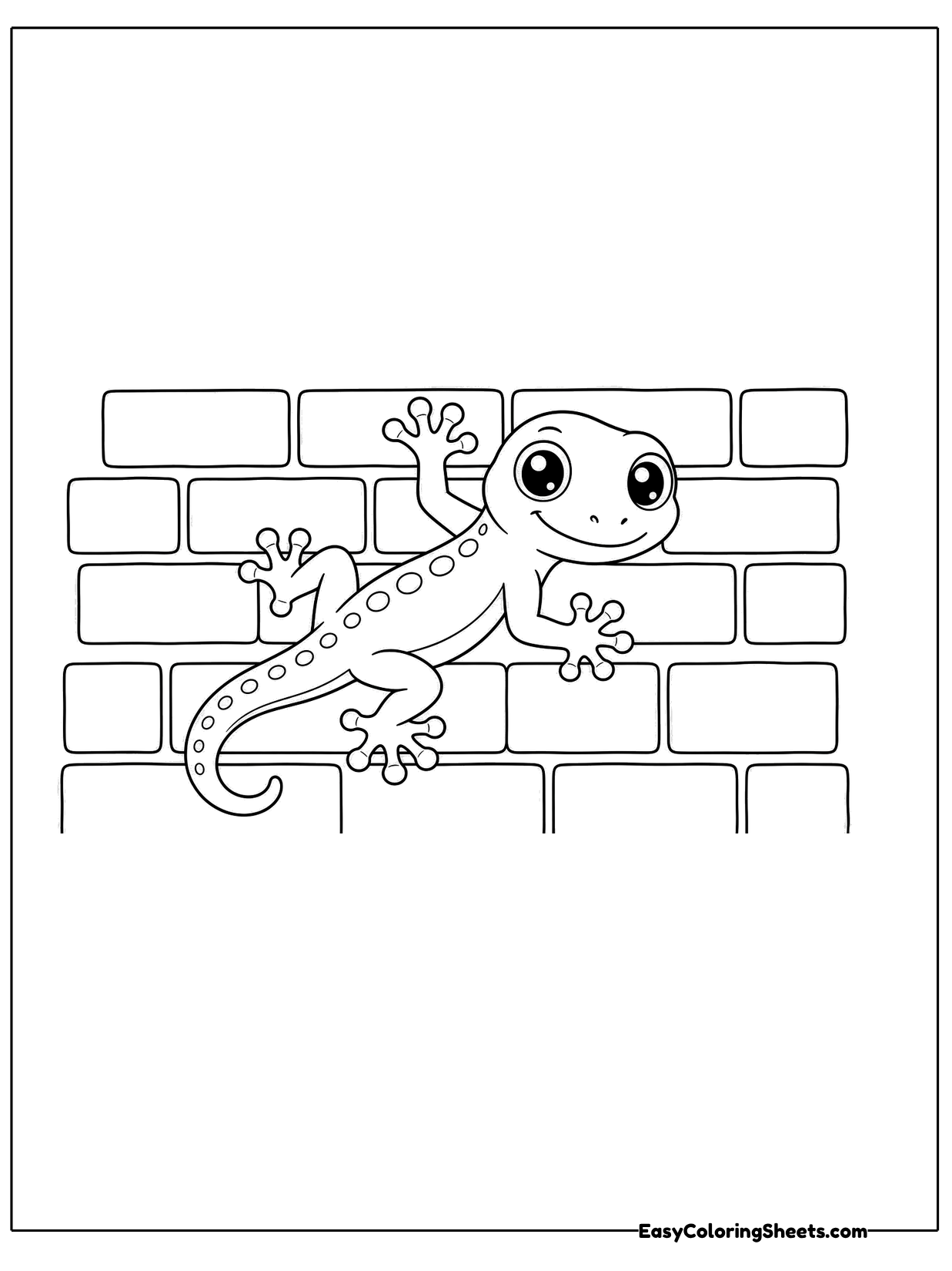 A cheerful cartoon gecko climbs across a brick wall, its feet spread wide on the bricks.