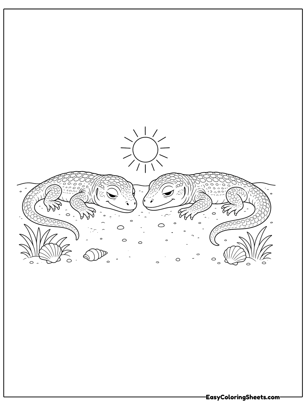 Two Komodo dragons lie facing each other on the ground under a bright sun, soaking up the warmth.