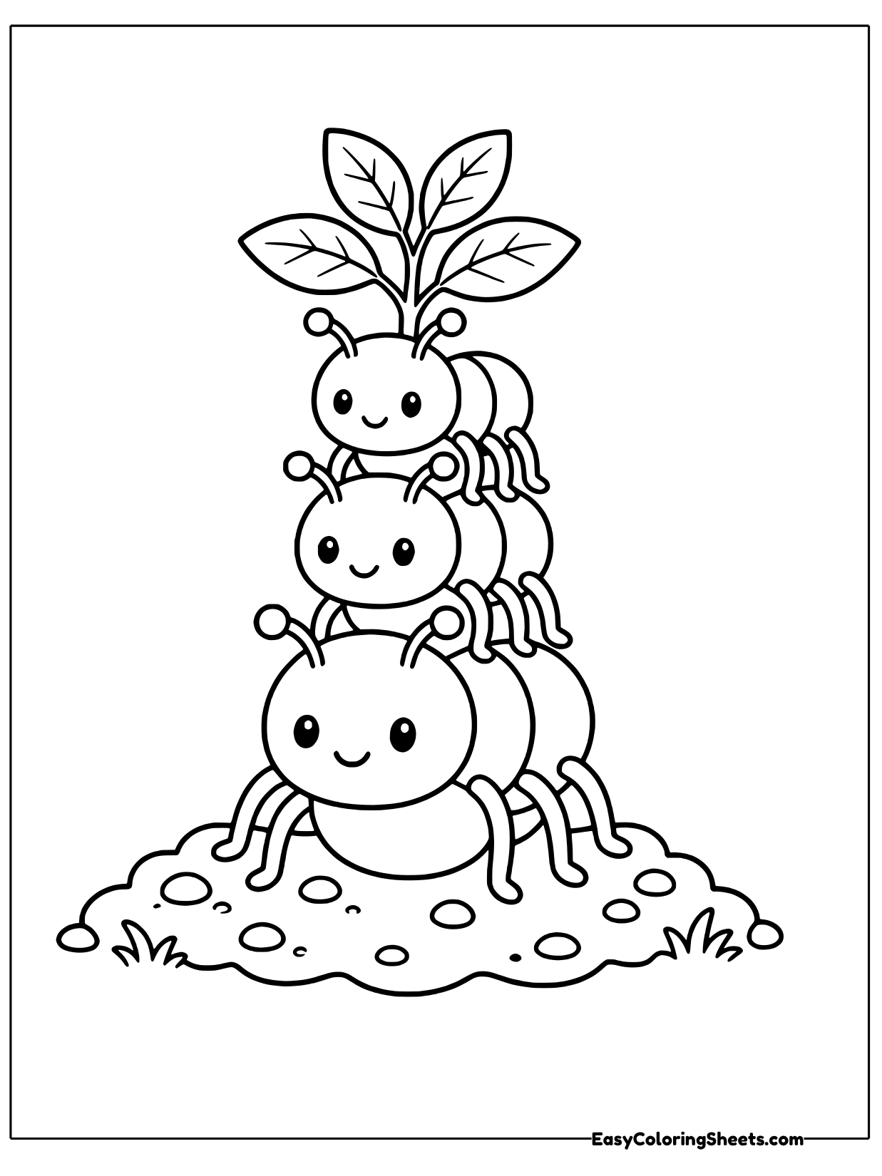 Three ants stack one on top of another on a mound of dirt, with leafy sprouts above the top ant.