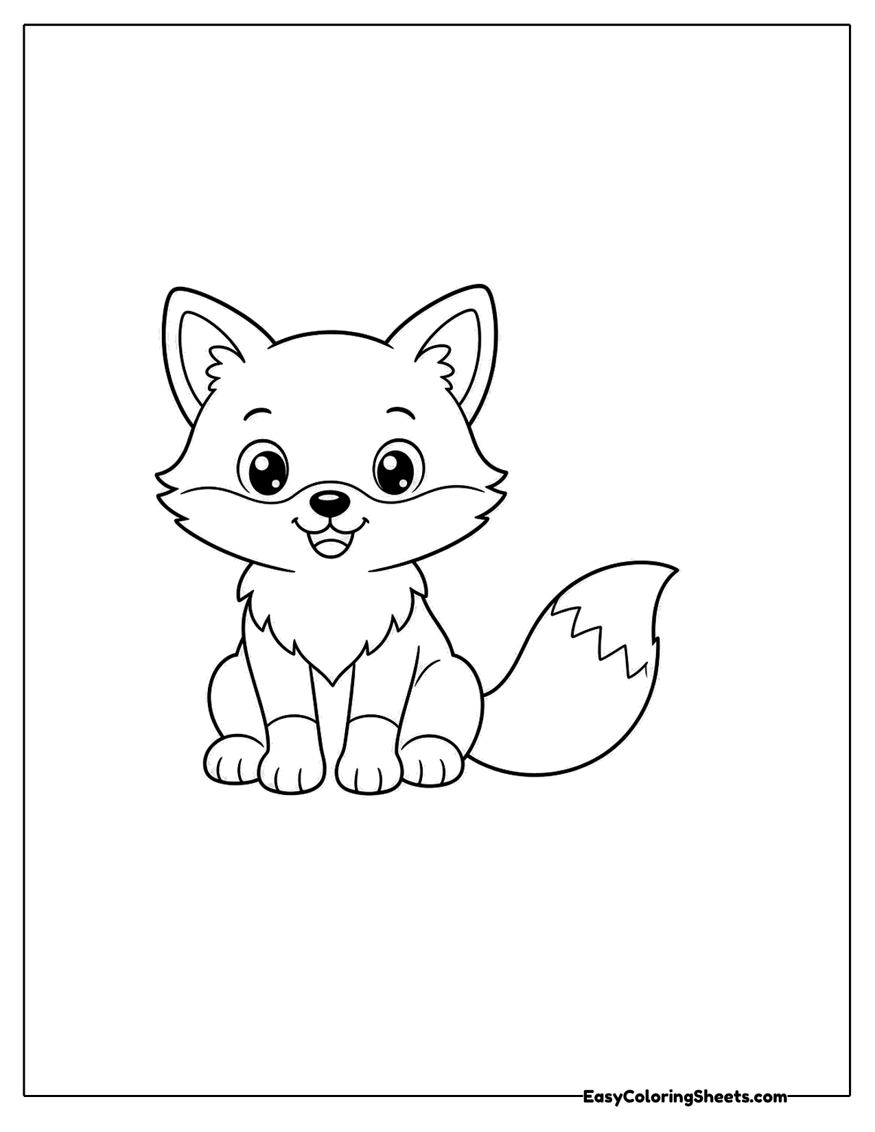 Smiling fox sitting and facing forward with its tail to one side