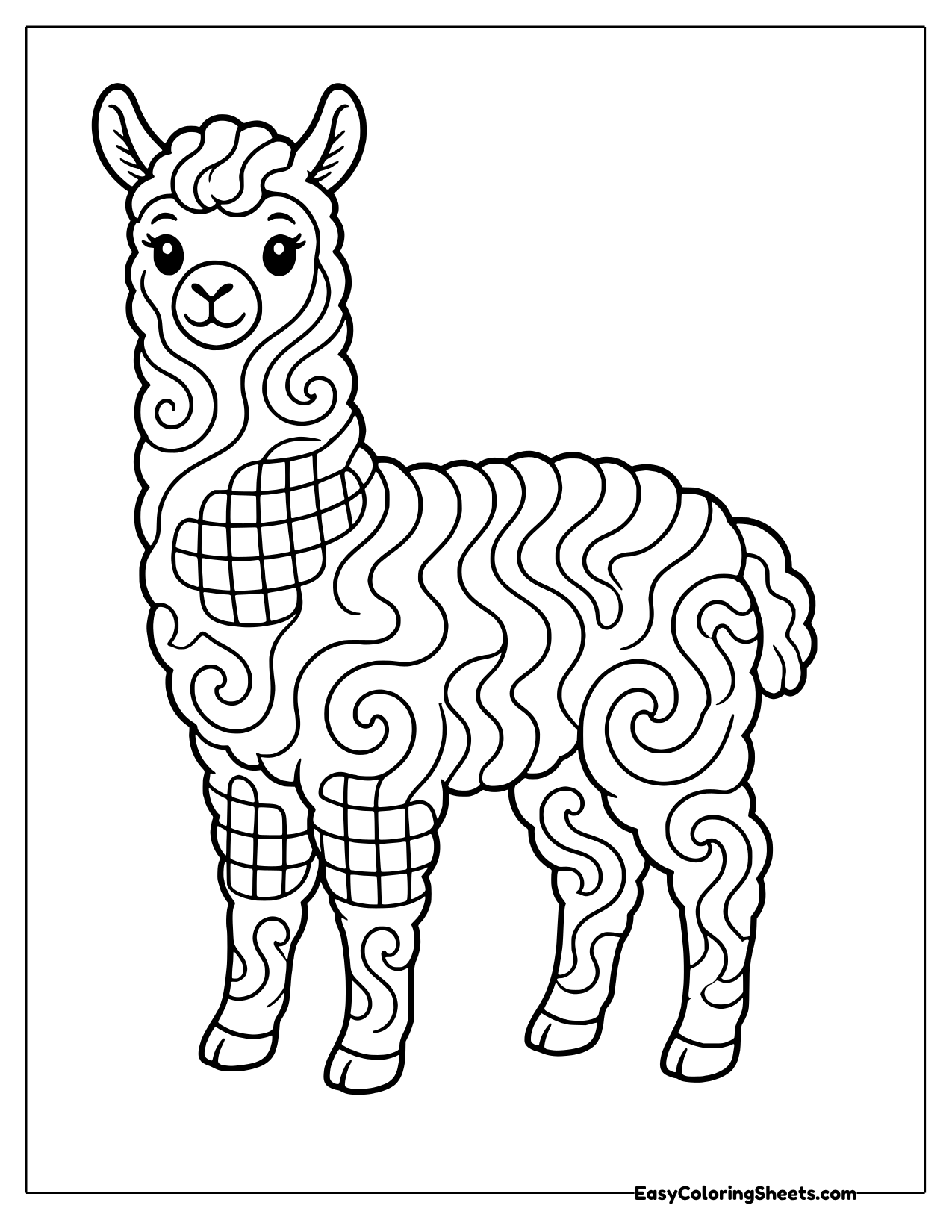 Fluffy llama covered in groovy swirls and checker patches