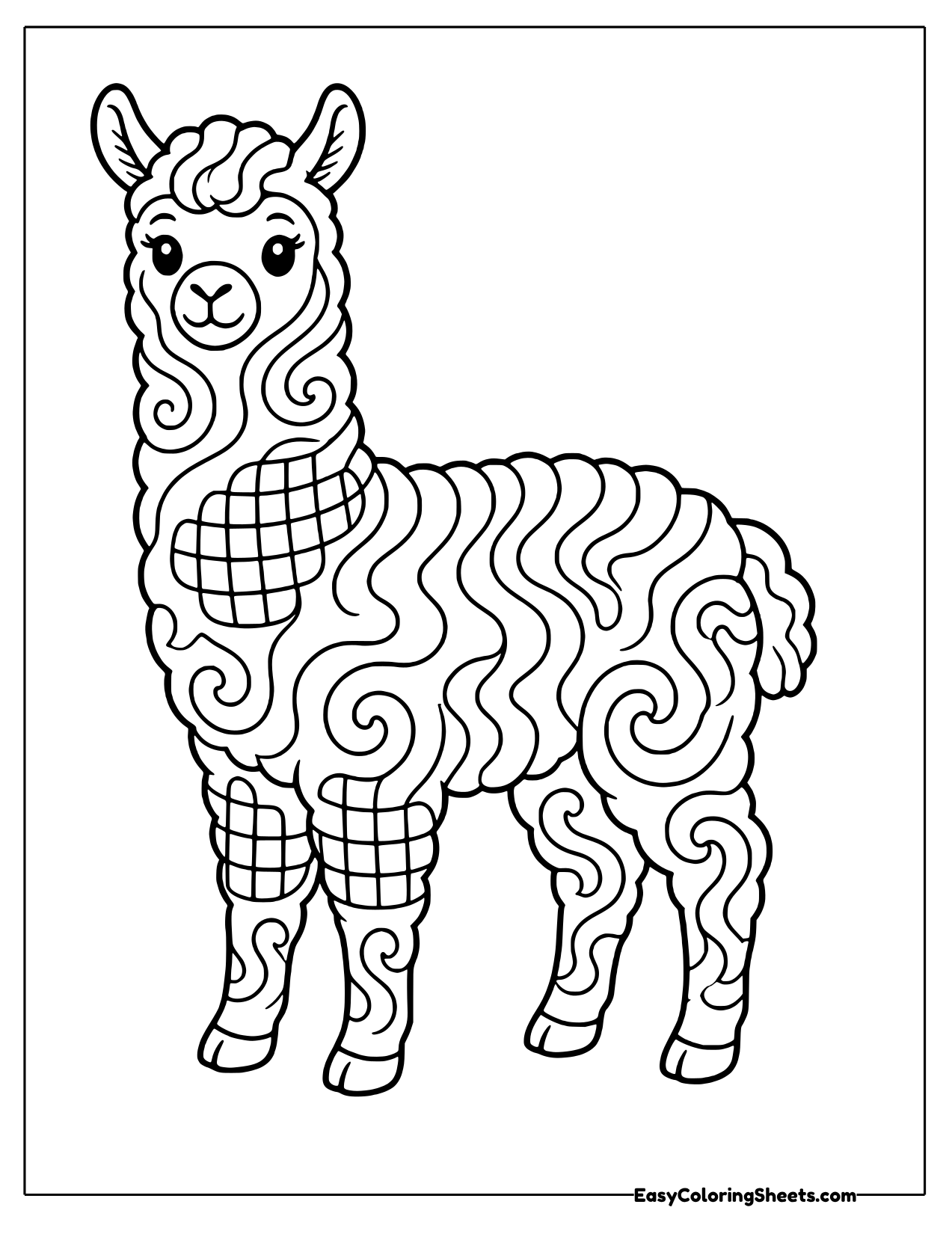 Fluffy llama covered in groovy swirls and checker patches