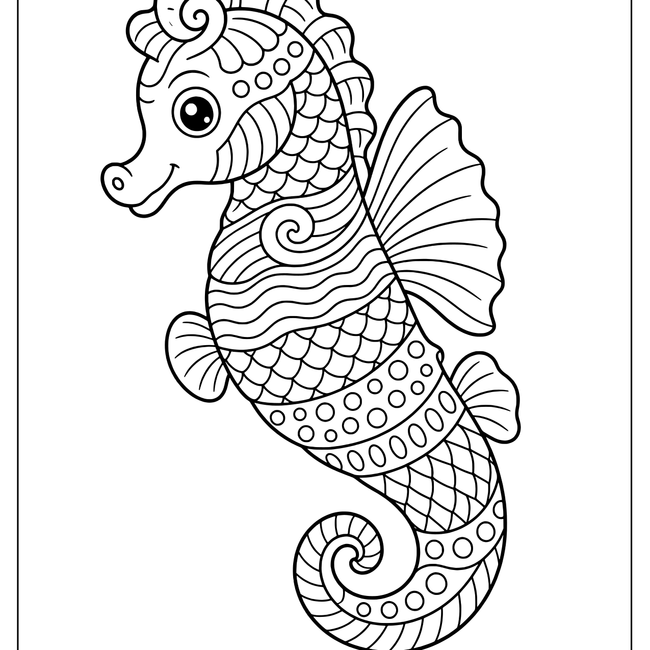 Curly seahorse covered in zentangle scales, waves and swirls