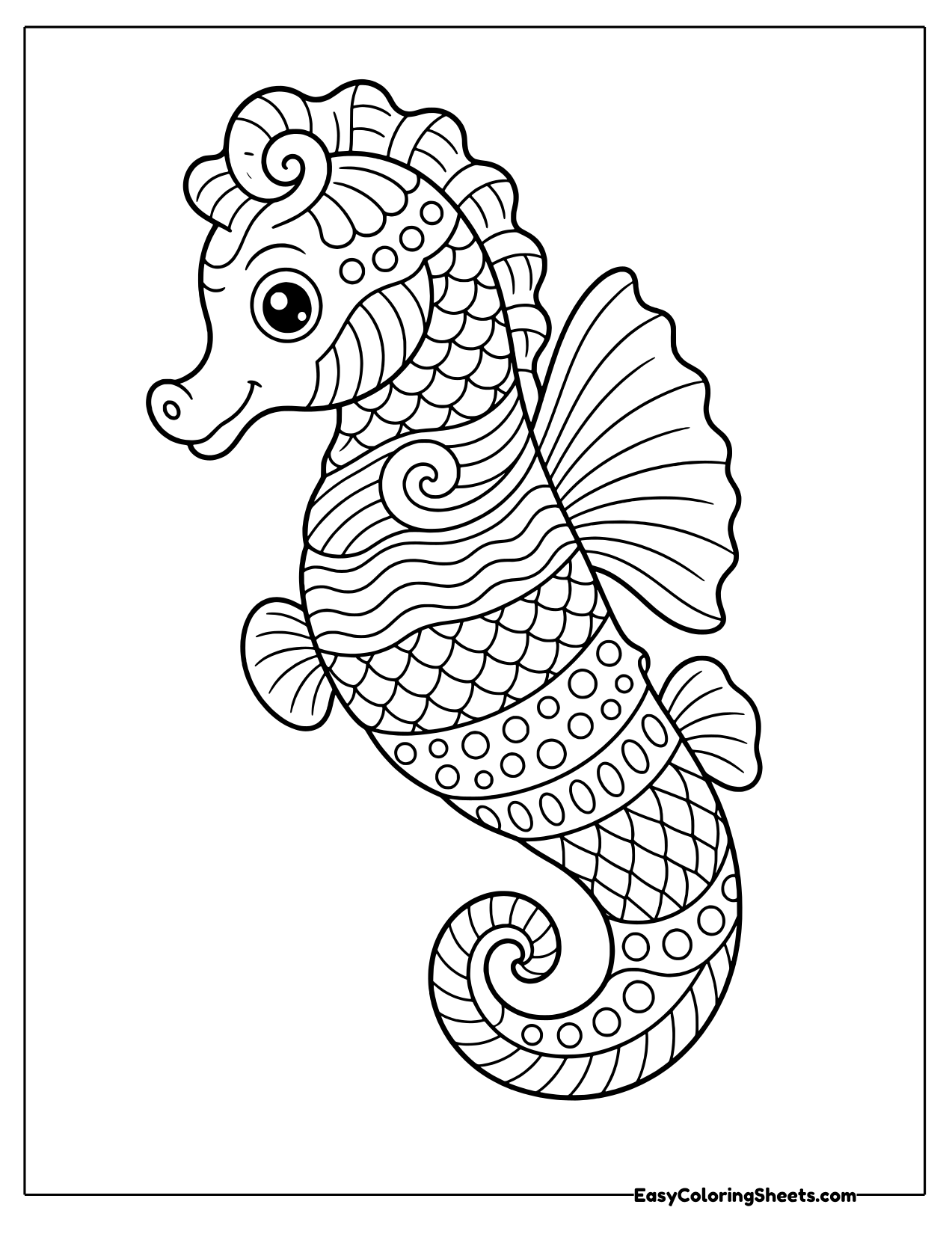 Curly seahorse covered in zentangle scales, waves and swirls