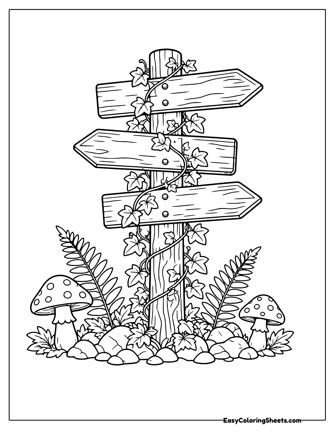 Wooden trail signpost with arrows wrapped in vines and mushrooms